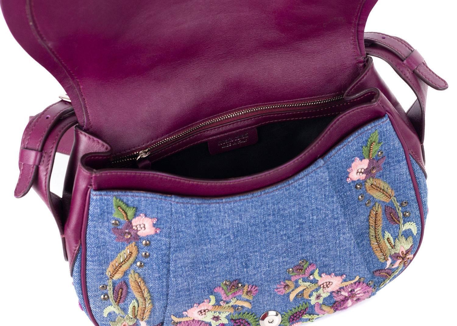 Roberto Cavalli Denim Floral Embroidered Embellishment Shoulder Bag In New Condition For Sale In Brooklyn, NY