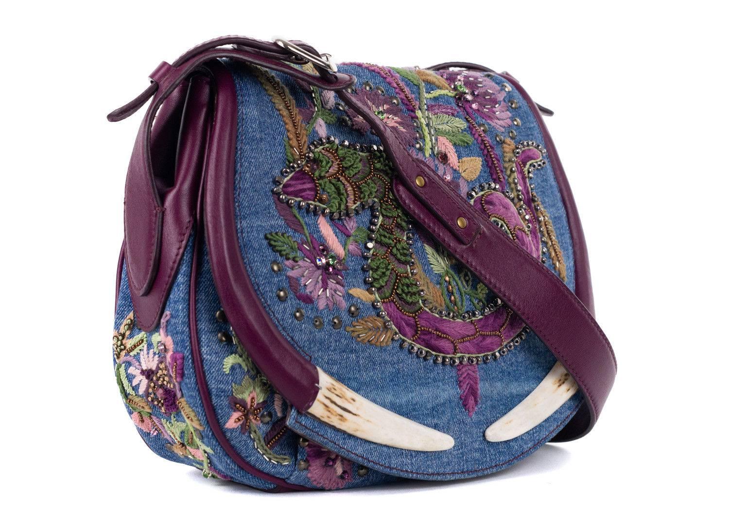 Women's or Men's Roberto Cavalli Denim Floral Embroidered Embellishment Shoulder Bag For Sale