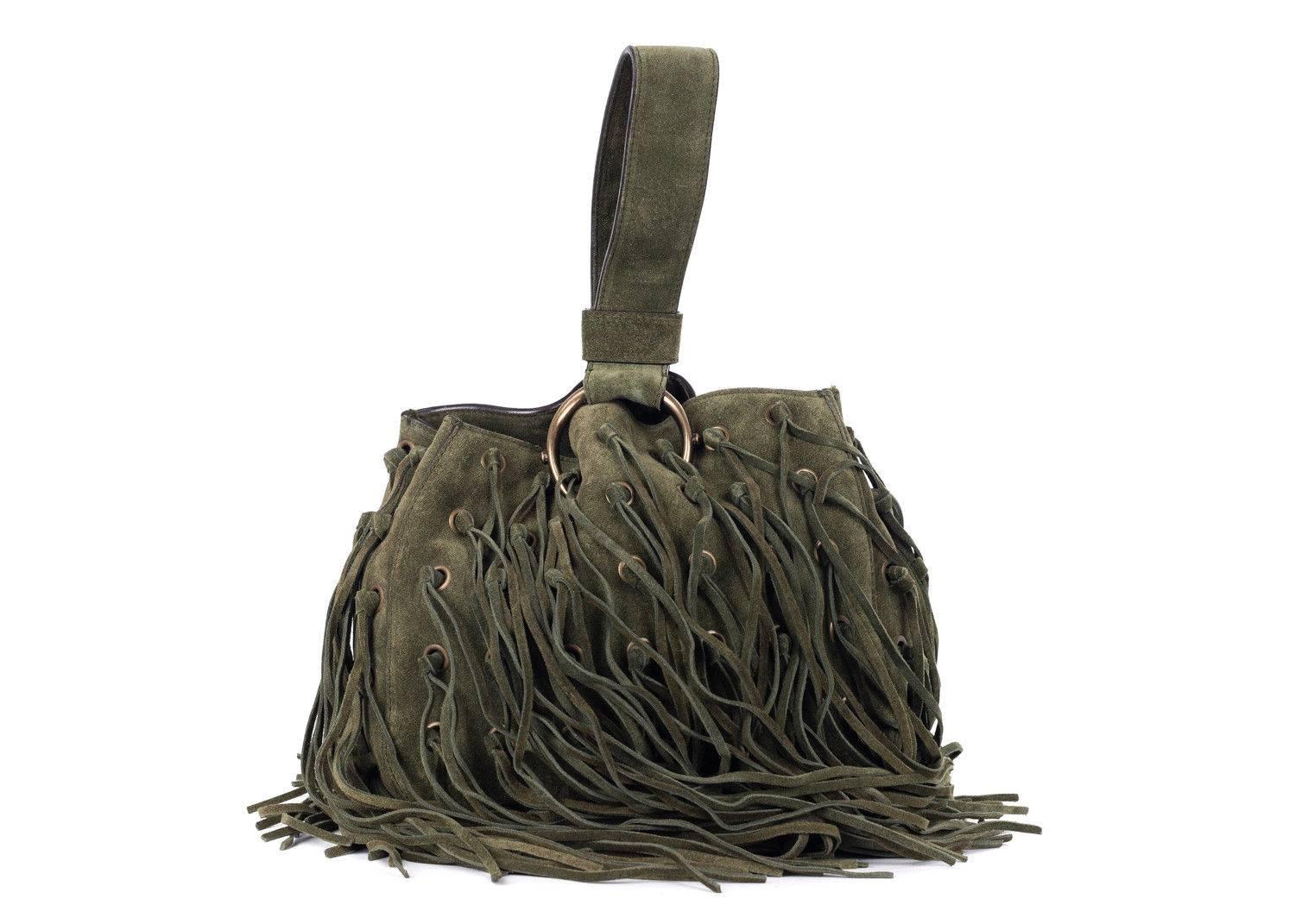 Black Roberto Cavalli Army Green Suede Eyelet Fringe Wristlet Bucket Bag For Sale