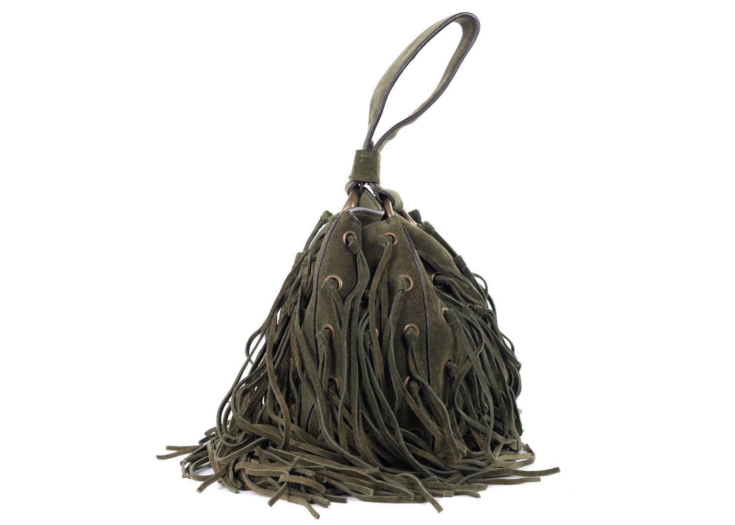 Roberto Cavalli Army Green Suede Eyelet Fringe Wristlet Bucket Bag In New Condition For Sale In Brooklyn, NY