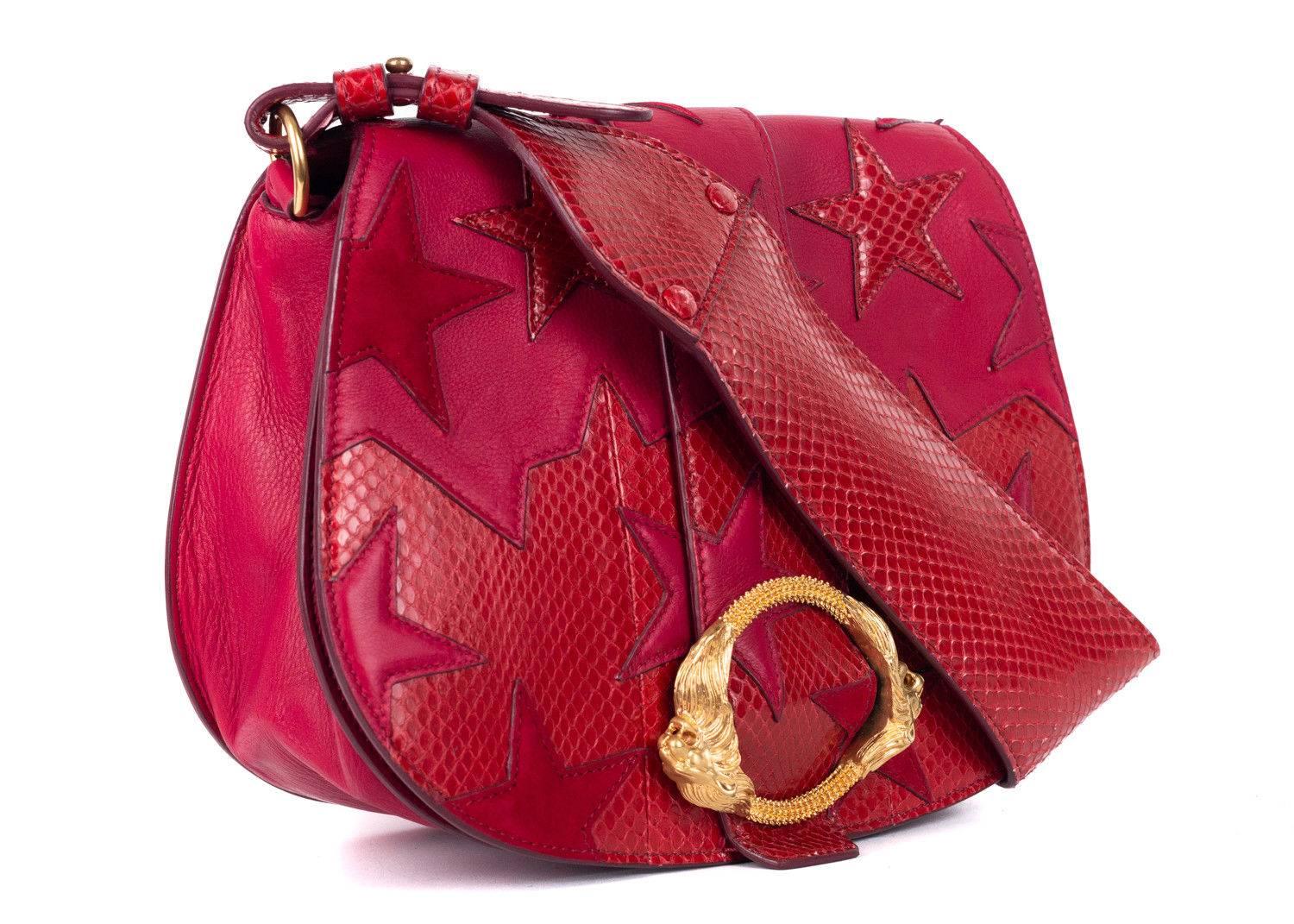 Roberto Cavalli Red Leather Snake Embossed Star Shoulder Bag For Sale 1