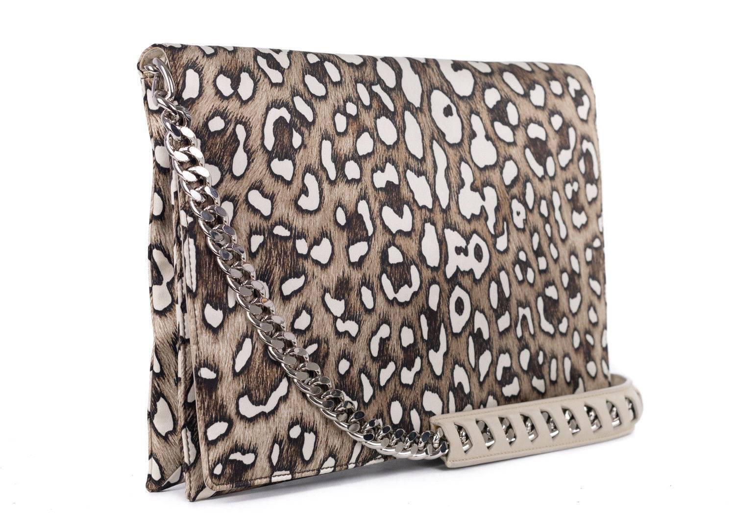 Women's or Men's Roberto Cavalli Silk Leather Large Brown Cheetah Print Juno Clutch For Sale