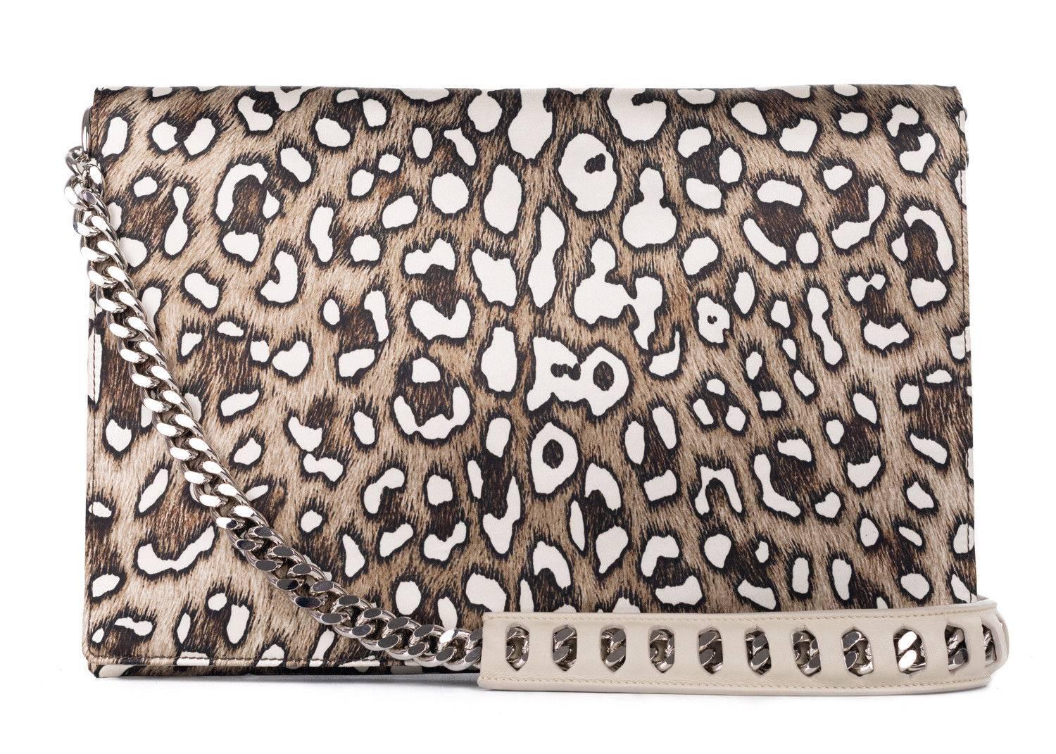 Roberto Cavalli Silk Leather Large Brown Cheetah Print Juno Clutch In New Condition For Sale In Brooklyn, NY