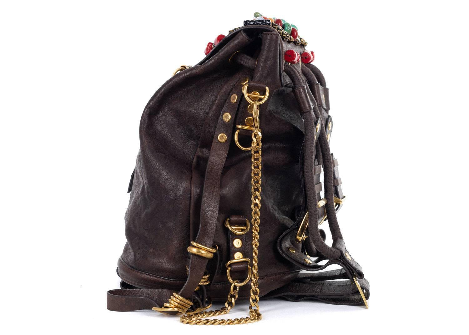 Roberto Cavalli Solid Brown Calfskin Leather Metal Appliques Backpack In New Condition For Sale In Brooklyn, NY