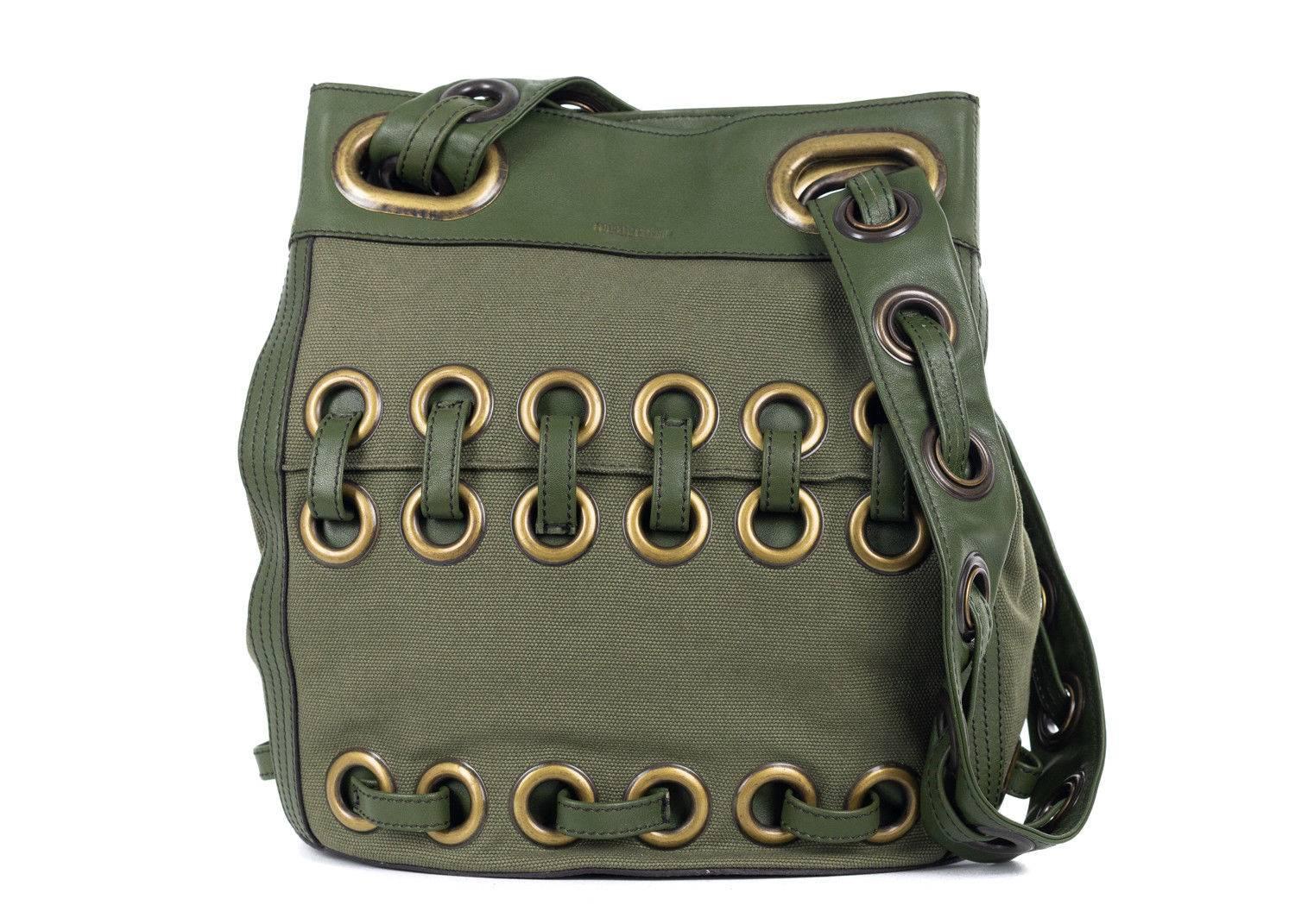 Roberto Cavalli Solid Army Green Large Eyelet Canvas Leather Bucket Bag In New Condition For Sale In Brooklyn, NY