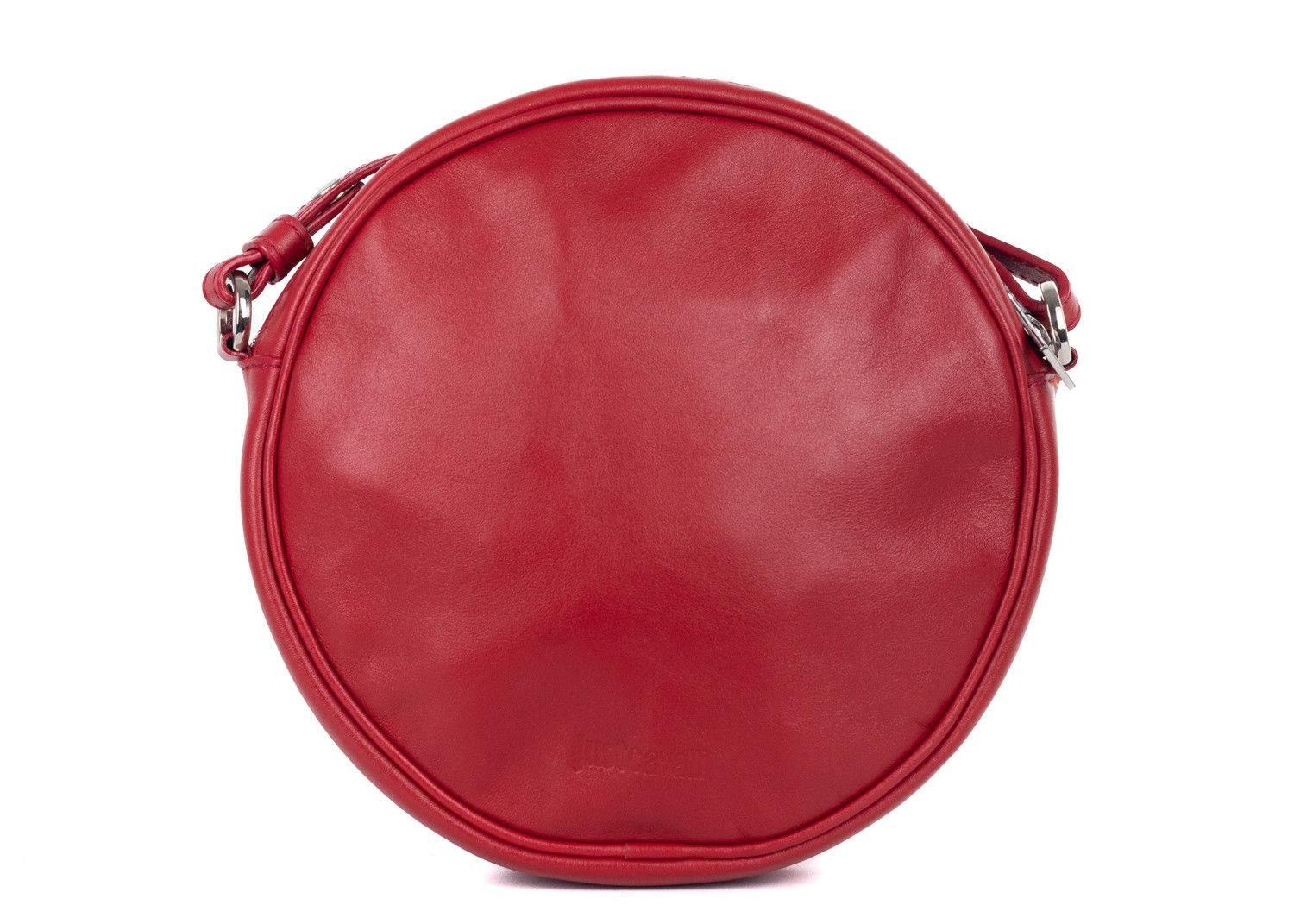 Just Cavalli red leather round crossbody bag. This crossbody bag features a popcorn image in front with metallic cold accents on the bucket. This is a fun and popping bag for a fun style and a pop in color. Style it with a cute fit and flare dress