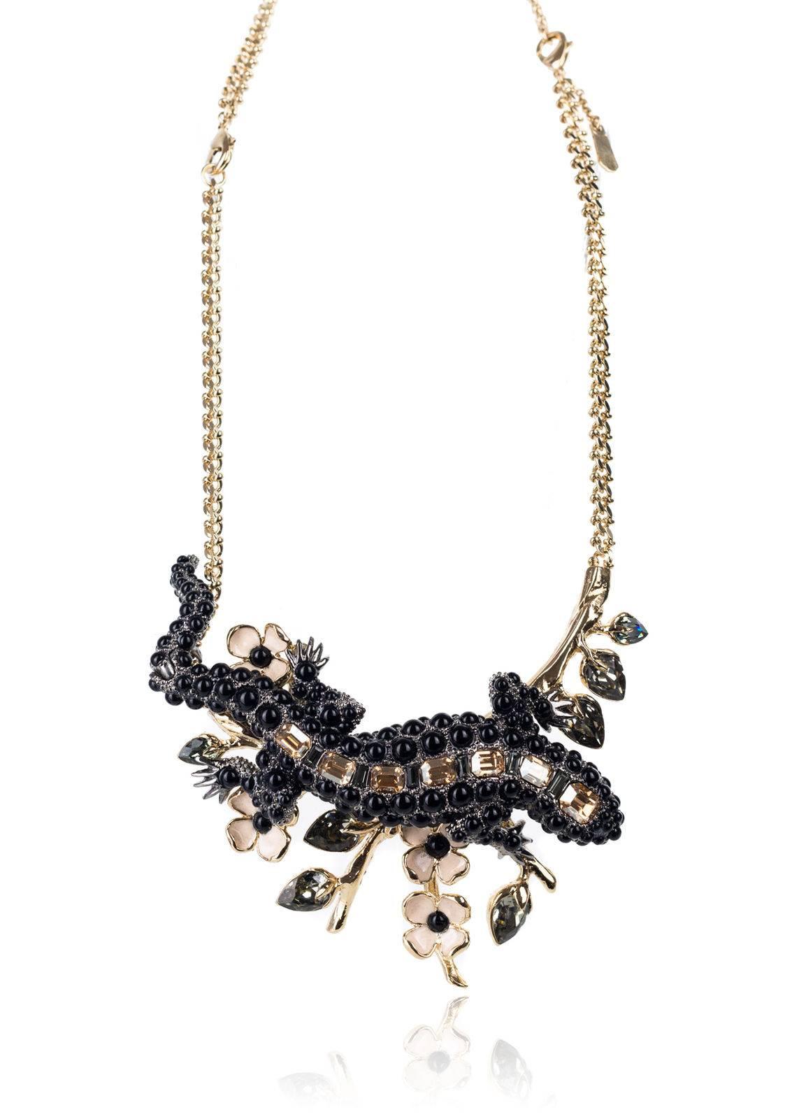 Gray Roberto Cavalli Gold Plated Embellished Black Lizard Statement Necklace For Sale