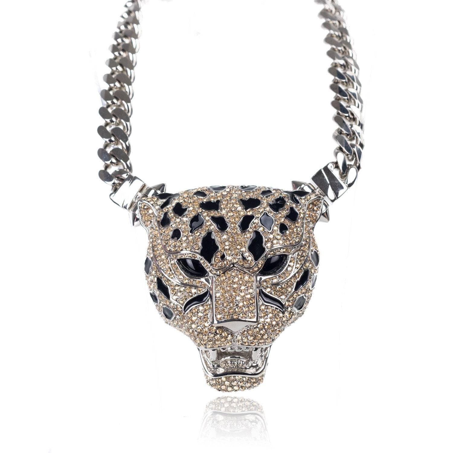 Roberto Cavalli Silver Plated Swarovski Crystal Panther Necklace In New Condition For Sale In Brooklyn, NY