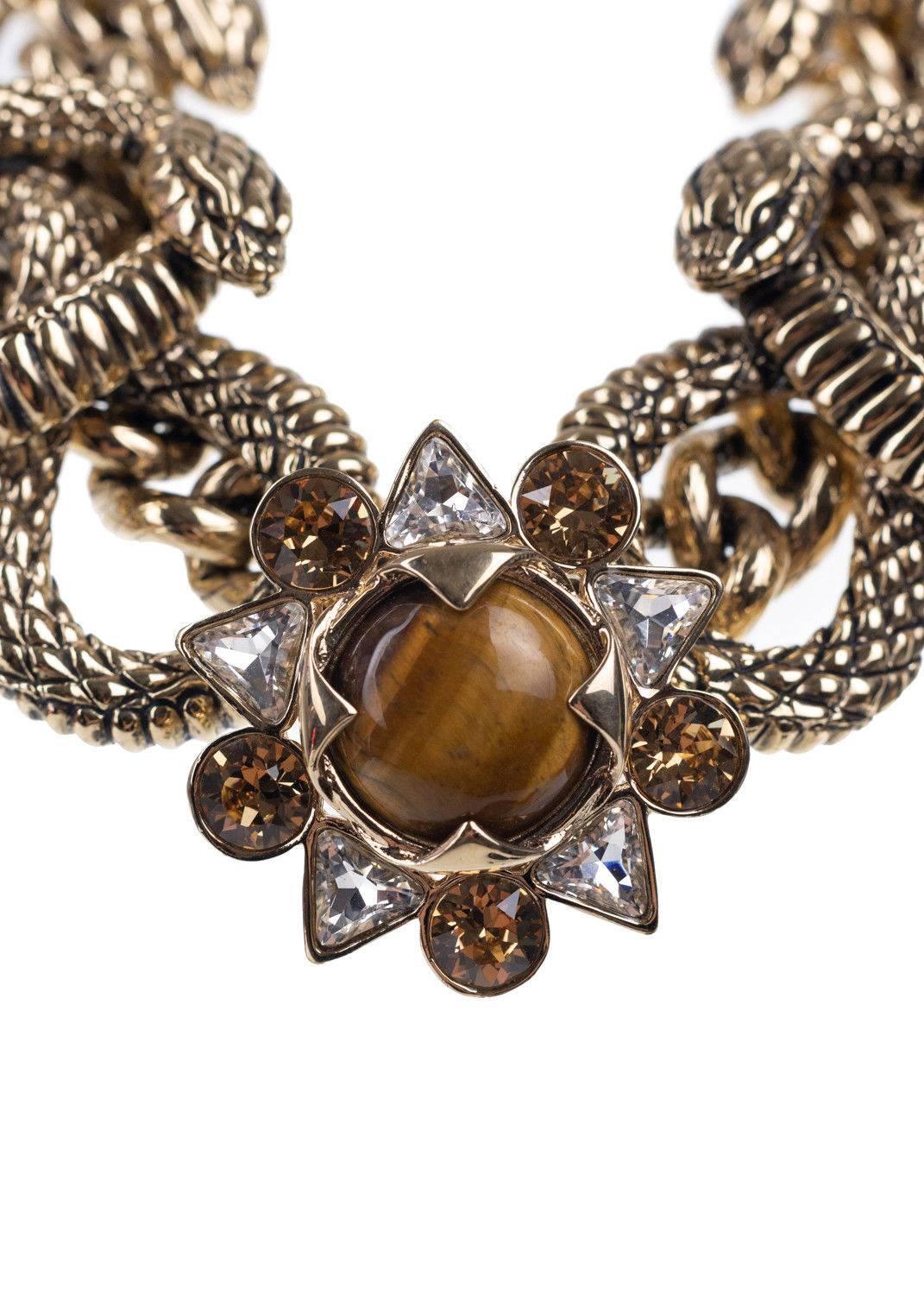 Roberto Cavalli Gold Plated Serpent Flower Stone Statement Necklace In New Condition For Sale In Brooklyn, NY