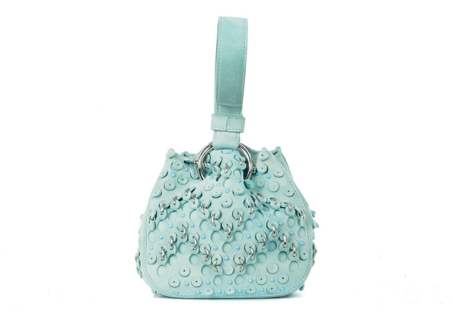 Blue Roberto Cavalli Turquoise Suede Eyelet Studded Wristlet Bucket Bag For Sale