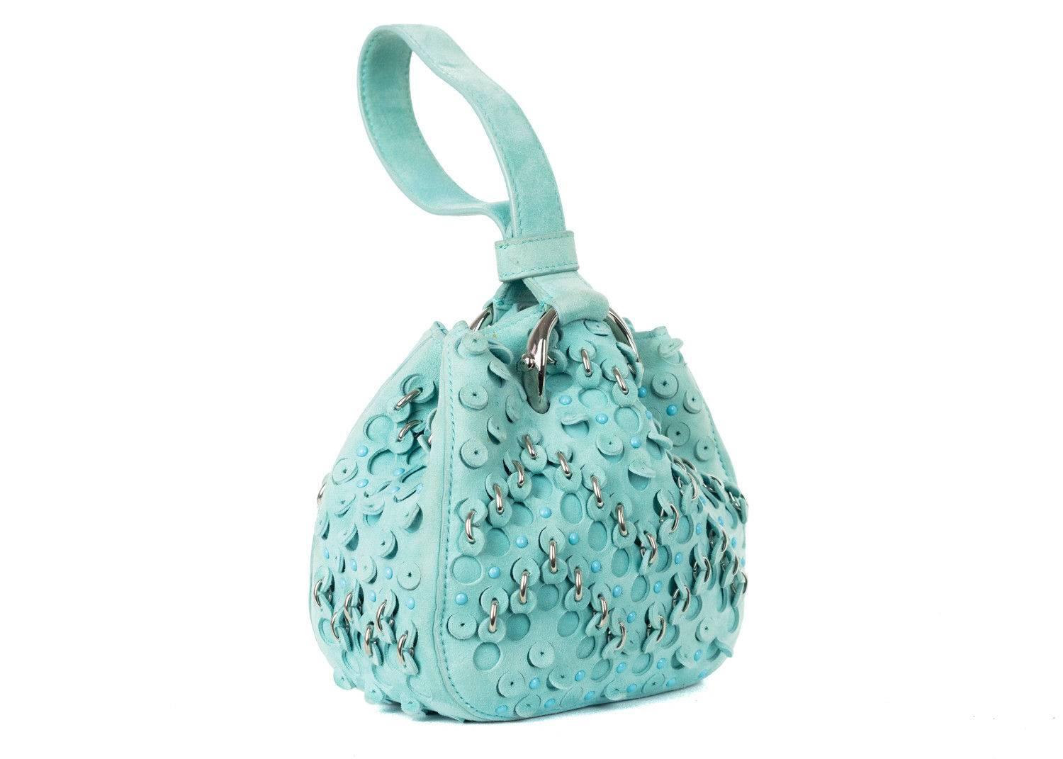 Roberto Cavalli Turquoise Suede Eyelet Studded Wristlet Bucket Bag For Sale 1