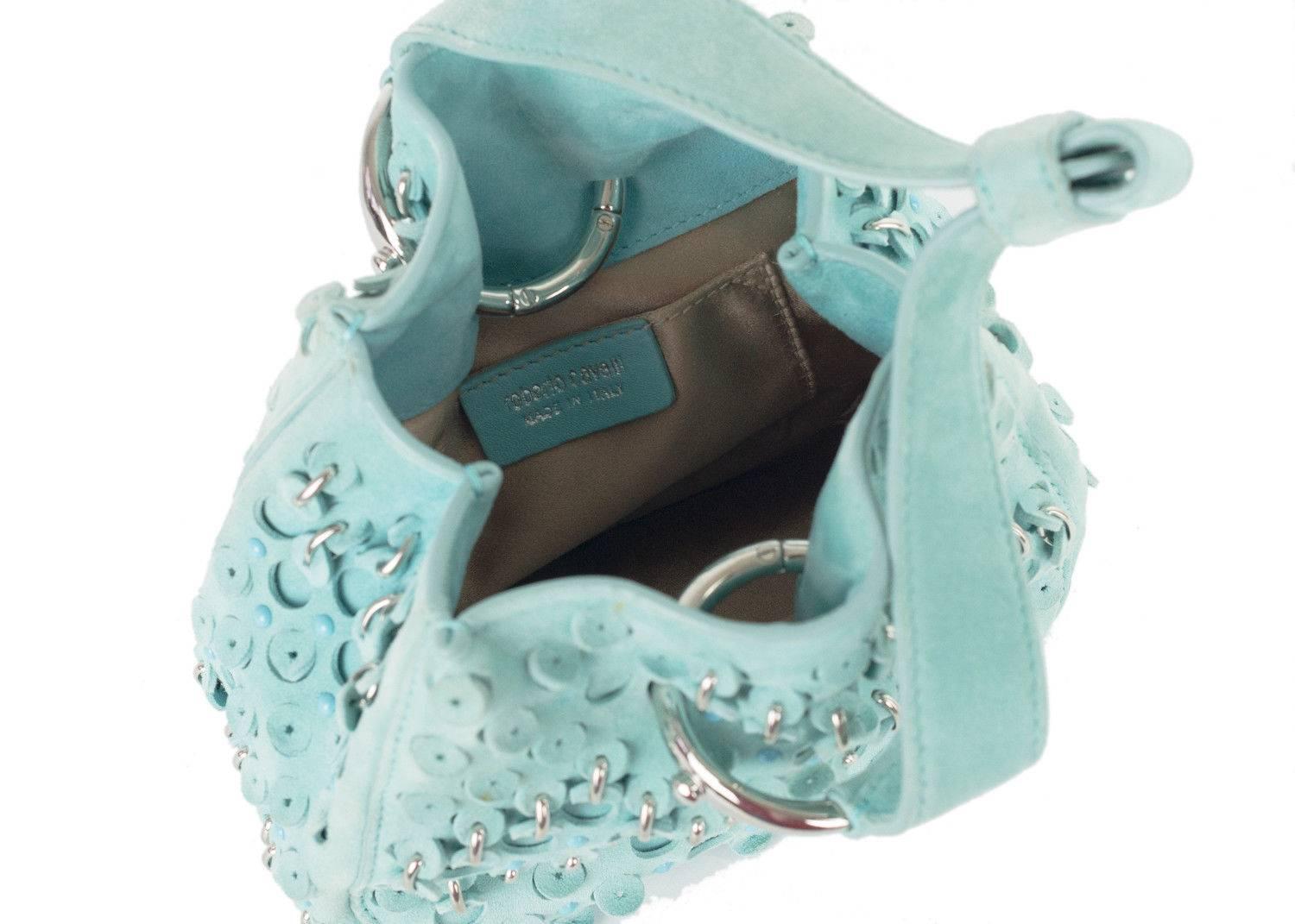 Roberto Cavalli Turquoise Suede Eyelet Studded Wristlet Bucket Bag In New Condition For Sale In Brooklyn, NY