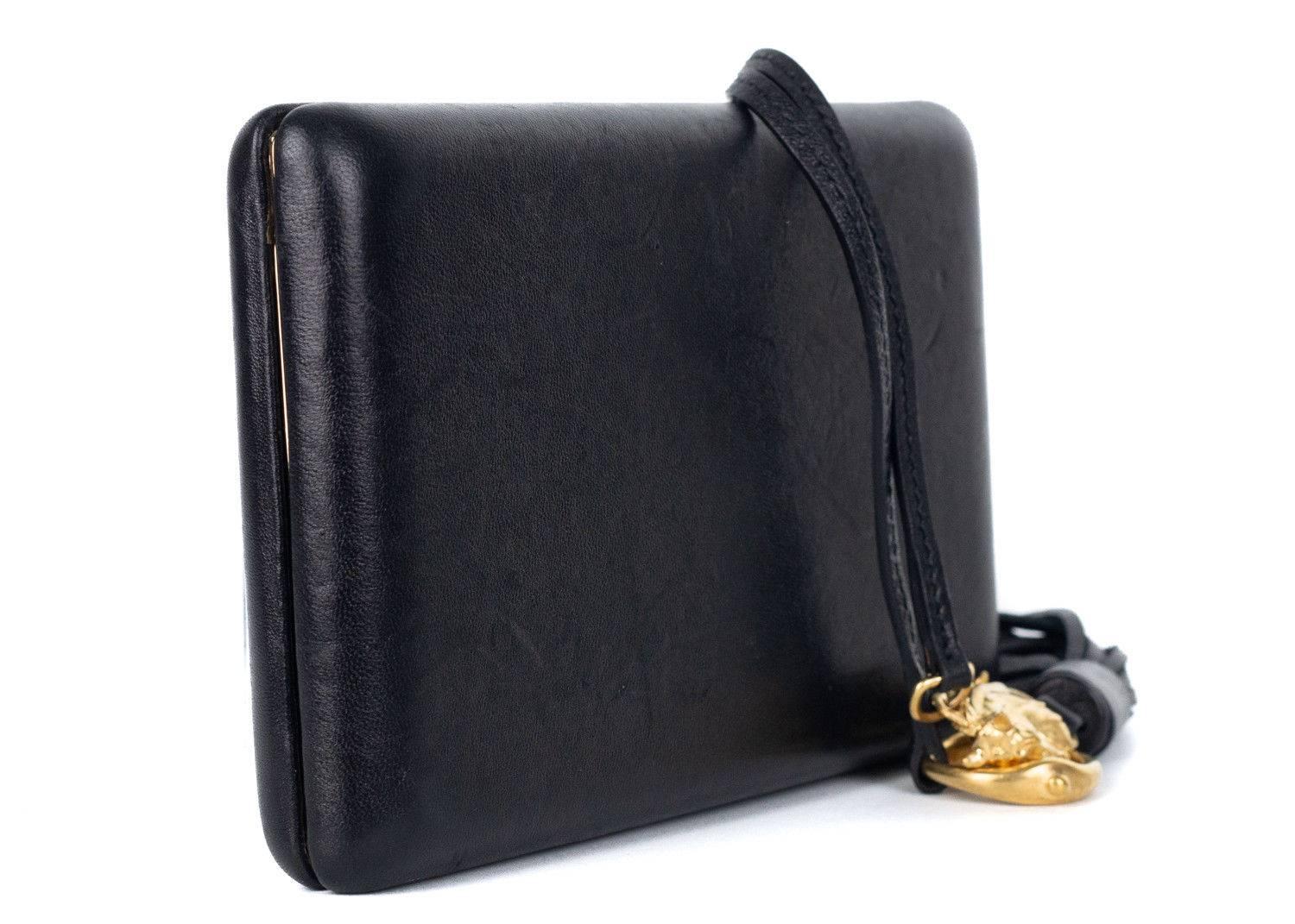 Men's Roberto Cavalli Solid Black Leather Fringe Clutch Bag For Sale