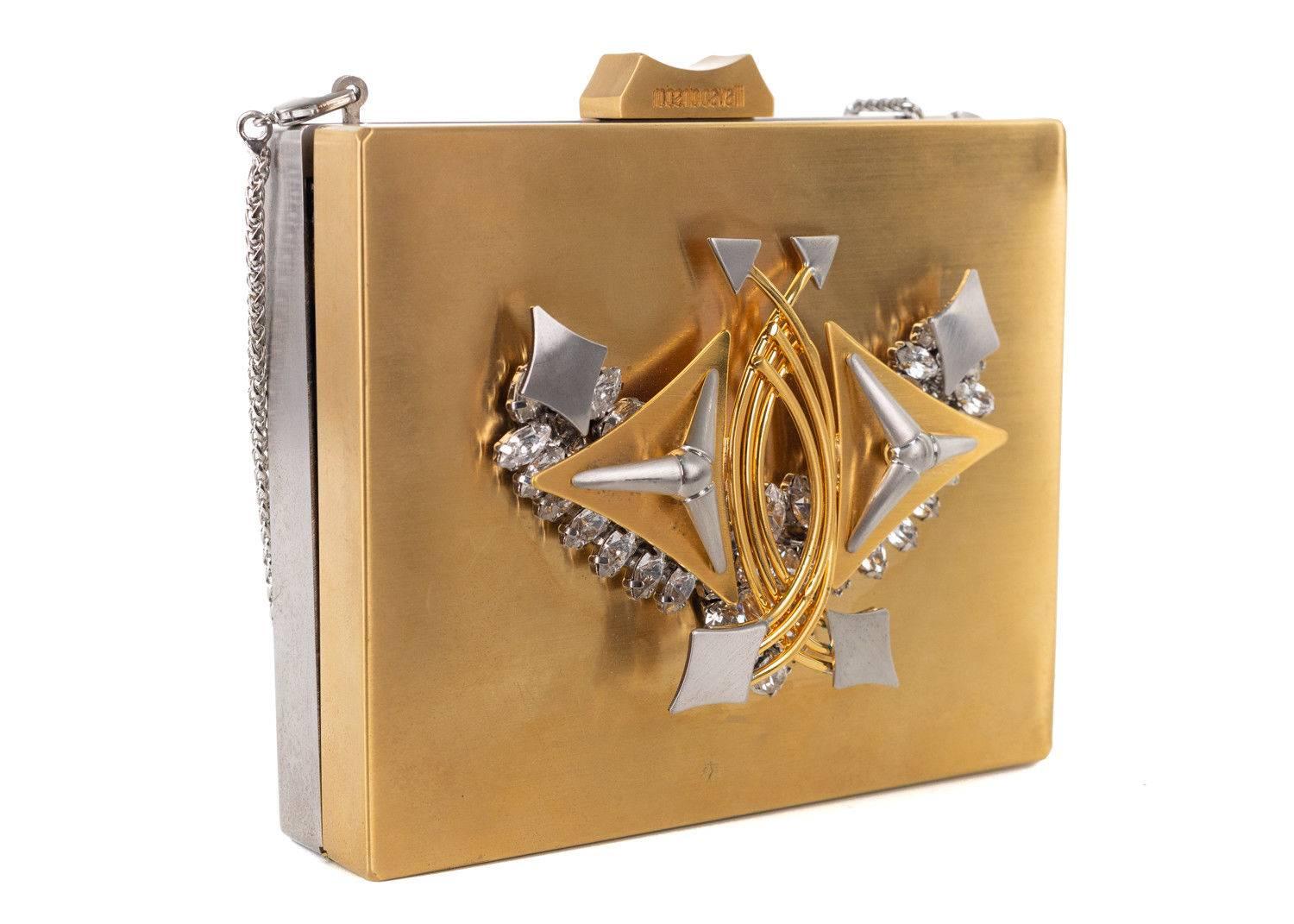 Brown Roberto Cavalli Metallic Gold Metal Embellished Shoulder Bag Clutch