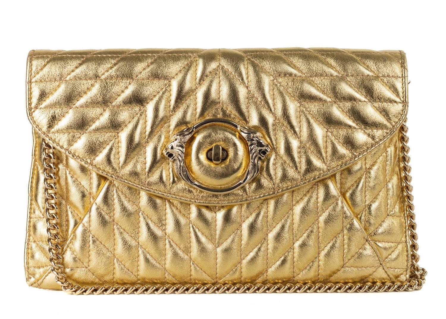 Roberto Cavalli Gold Metallic Large Quilted Shoulder Bag Clutch In New Condition In Brooklyn, NY