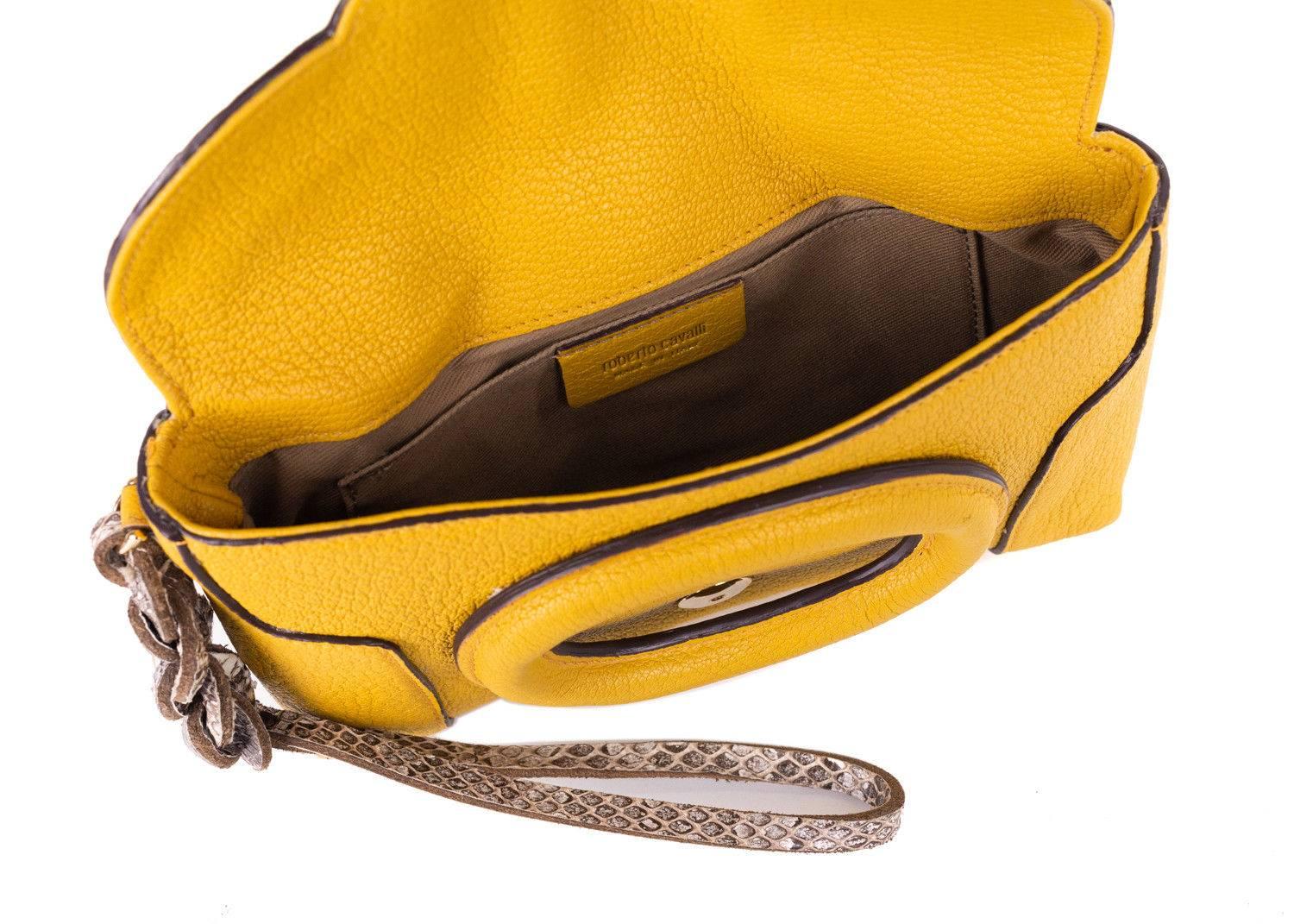 Men's Roberto Cavalli Solid Mustard Yellow Grained Leather Wristlet Clutch For Sale