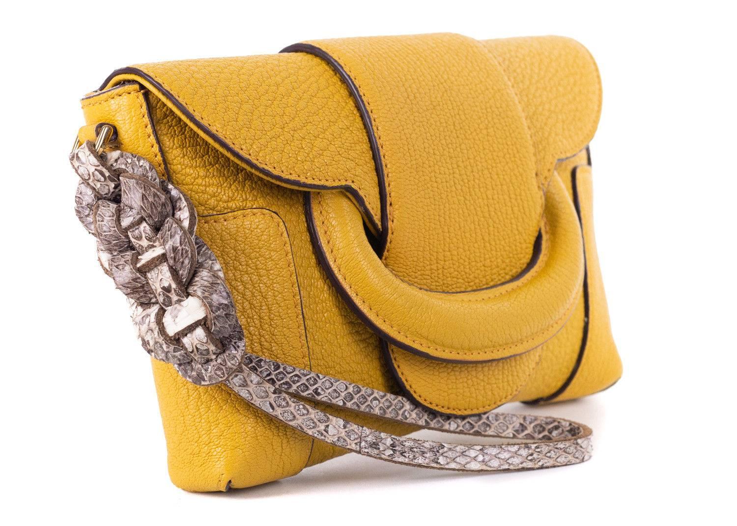 Roberto Cavalli Solid Mustard Yellow Grained Leather Wristlet Clutch For Sale 1