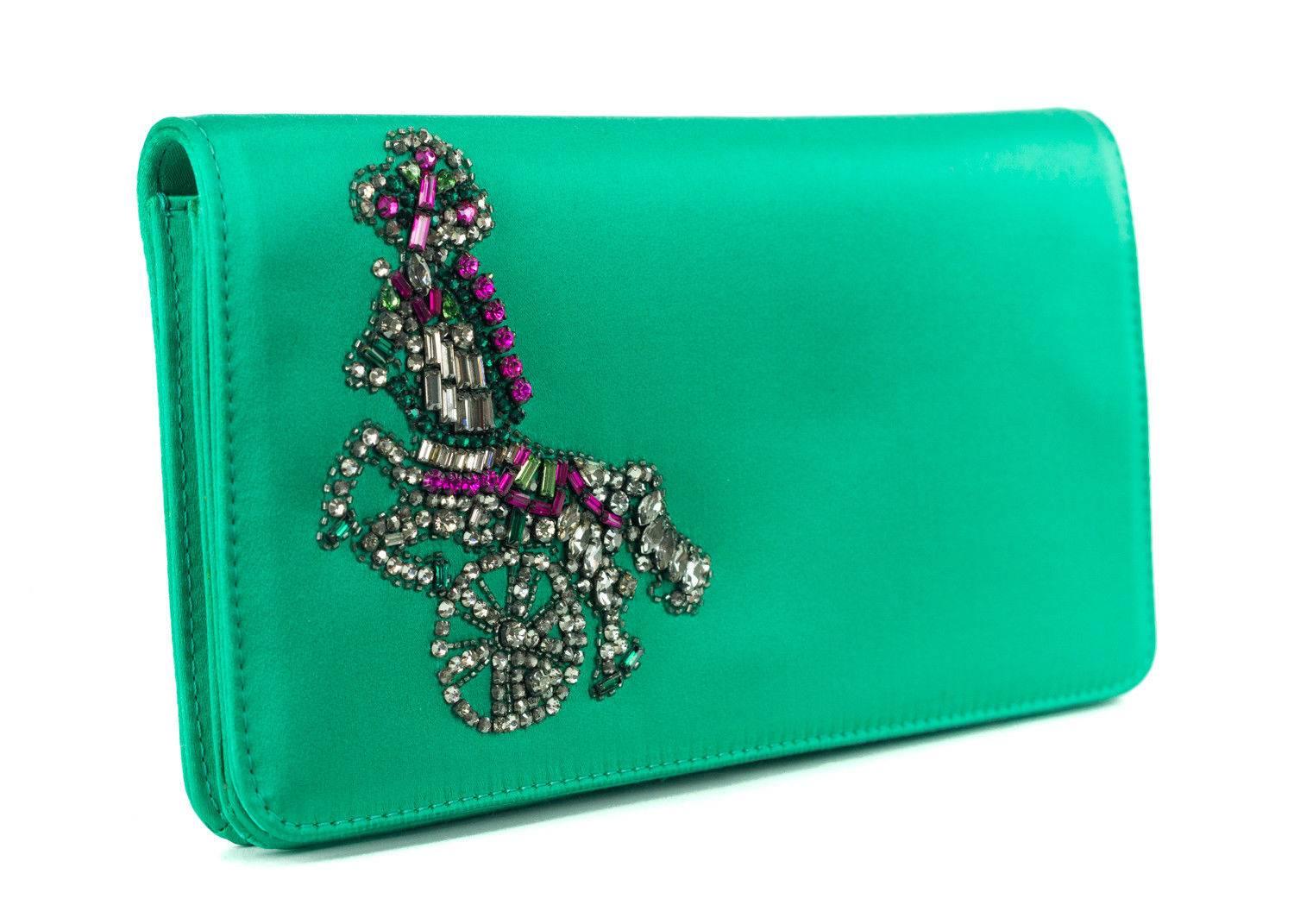 Roberto Cavalli Solid Green Satin Embellished Embroidered Clutch For Sale 1