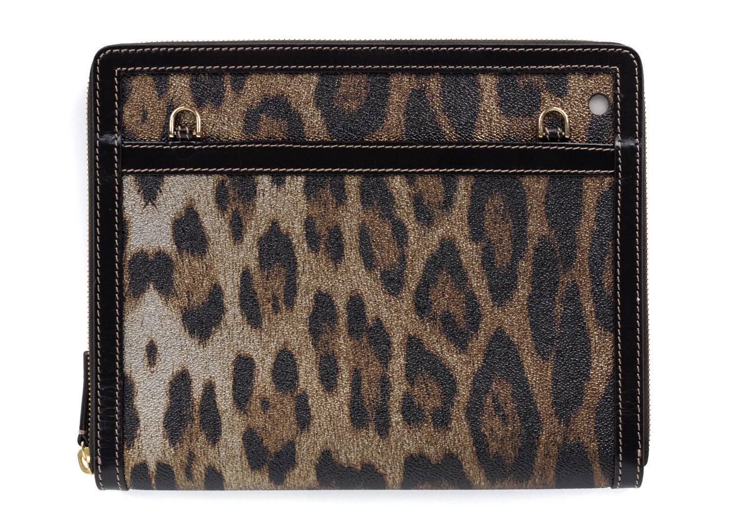 Men's Roberto Cavalli Matte Black Print Ipad Case Leopard Leather Shoulder Bag For Sale