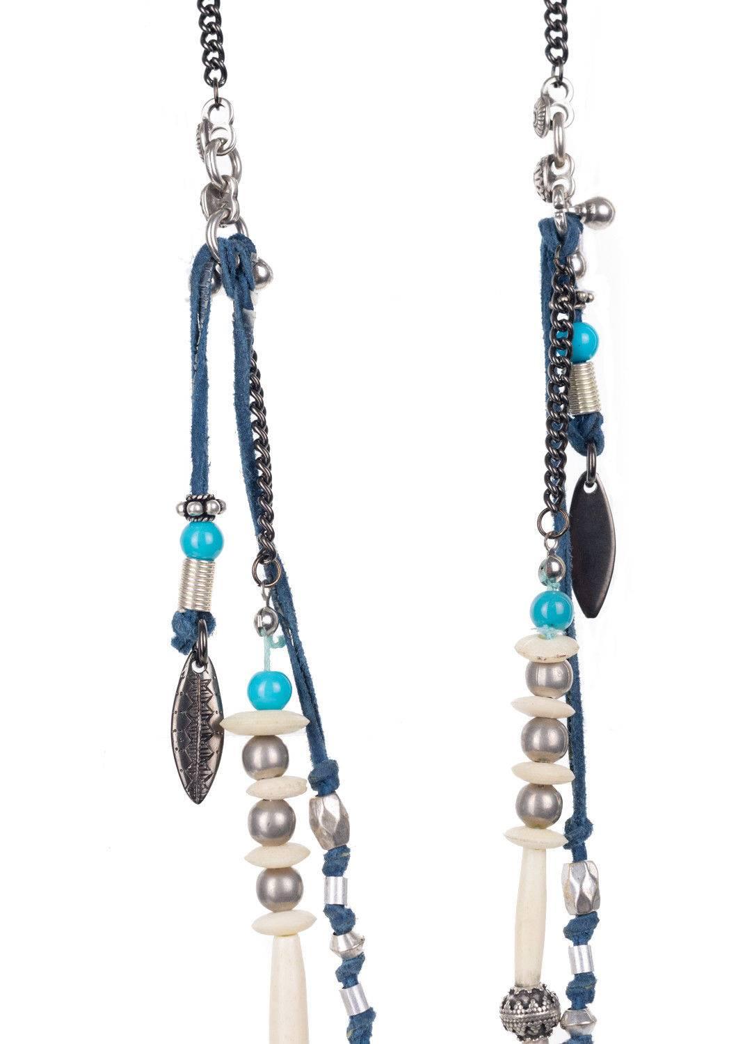 Gray Roberto Cavalli Blue Tribal Feather Beaded Applique Necklace For Sale