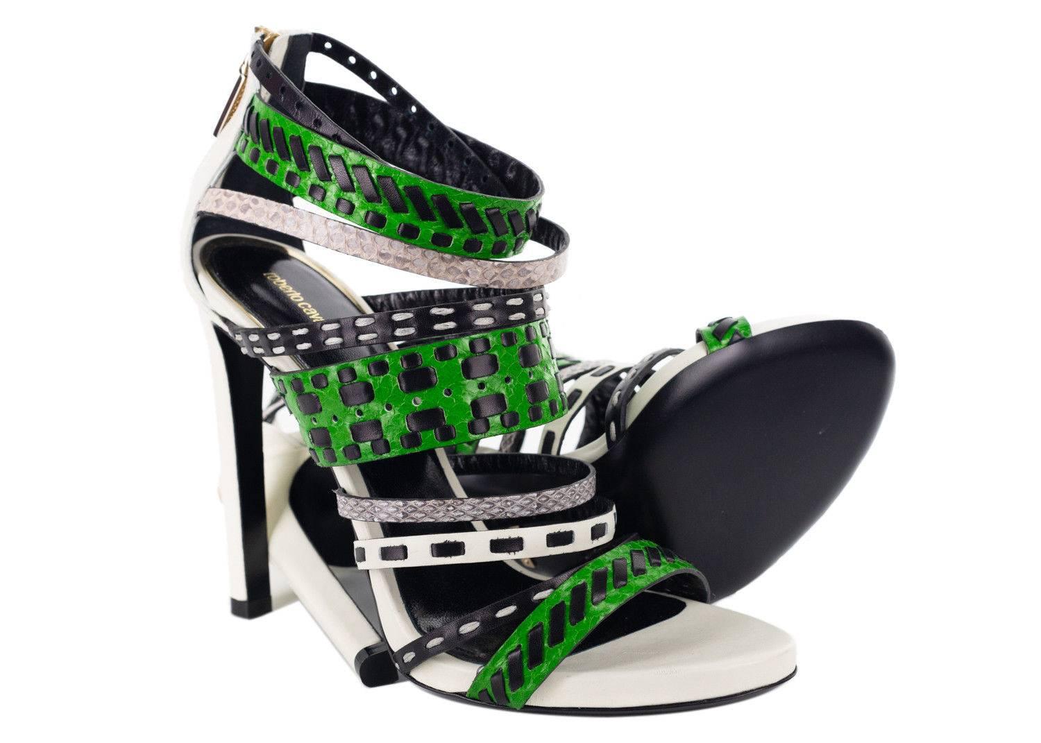 Roberto Cavalli Womens Colorblock Tribal Stitched Sandal Heels In New Condition For Sale In Brooklyn, NY