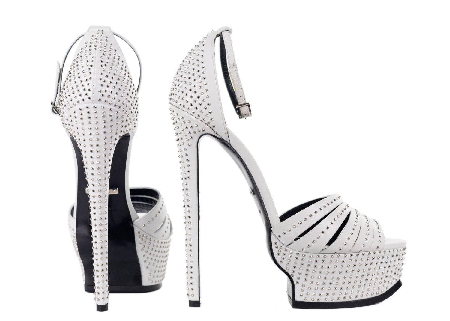 Gray Roberto Cavalli White Leather Embellished Studded Platform Heels For Sale