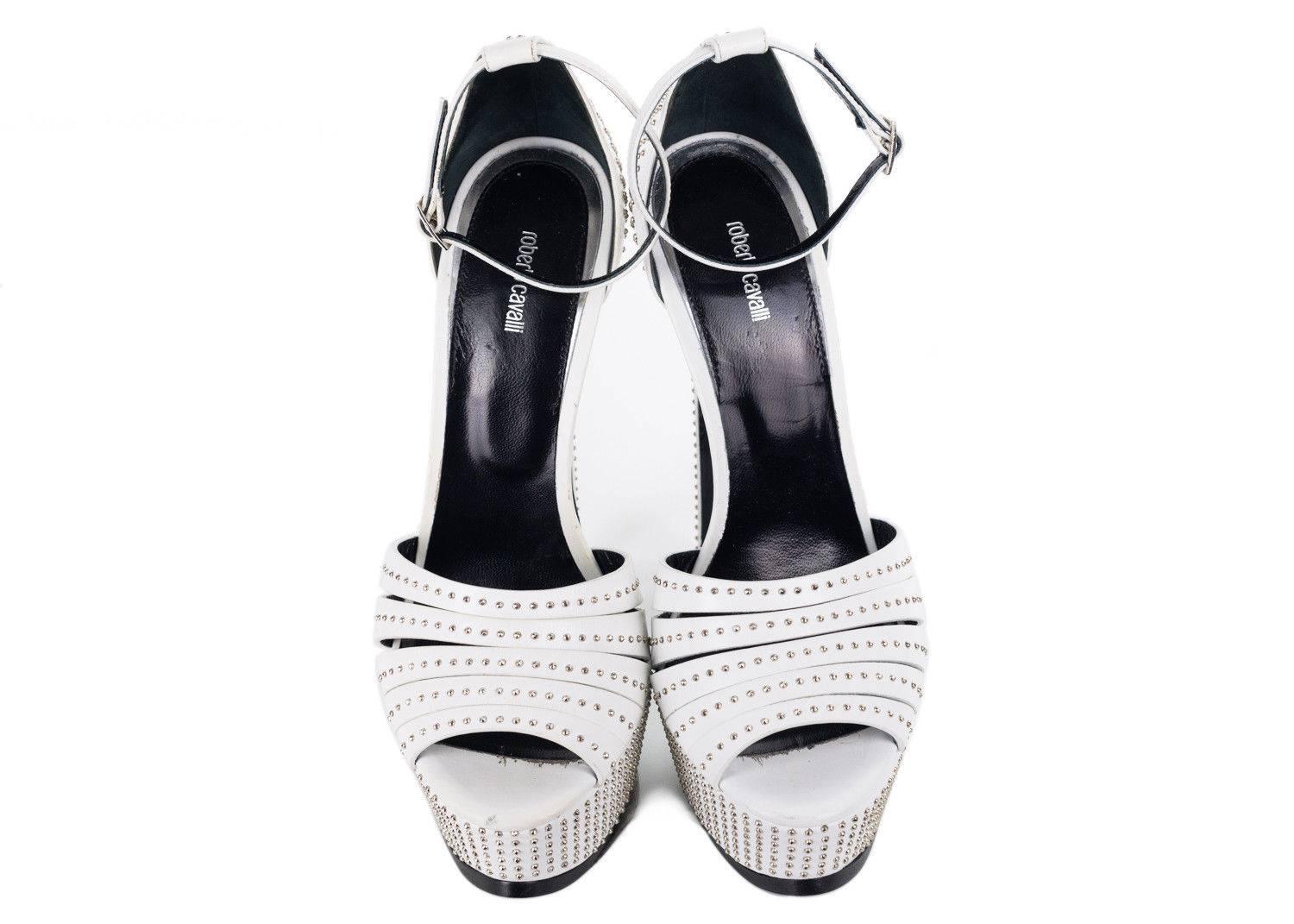 Men's Roberto Cavalli White Leather Embellished Studded Platform Heels For Sale