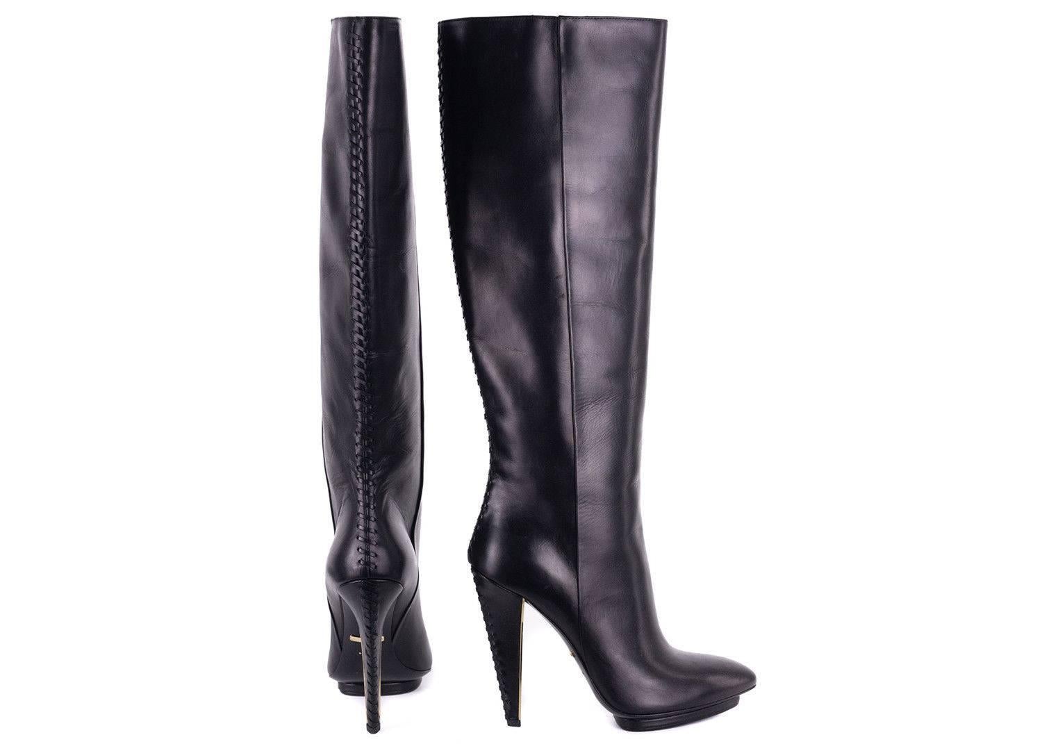 Roberto Cavalli Womens Black Women's Leather Knee High Boots In New Condition For Sale In Brooklyn, NY