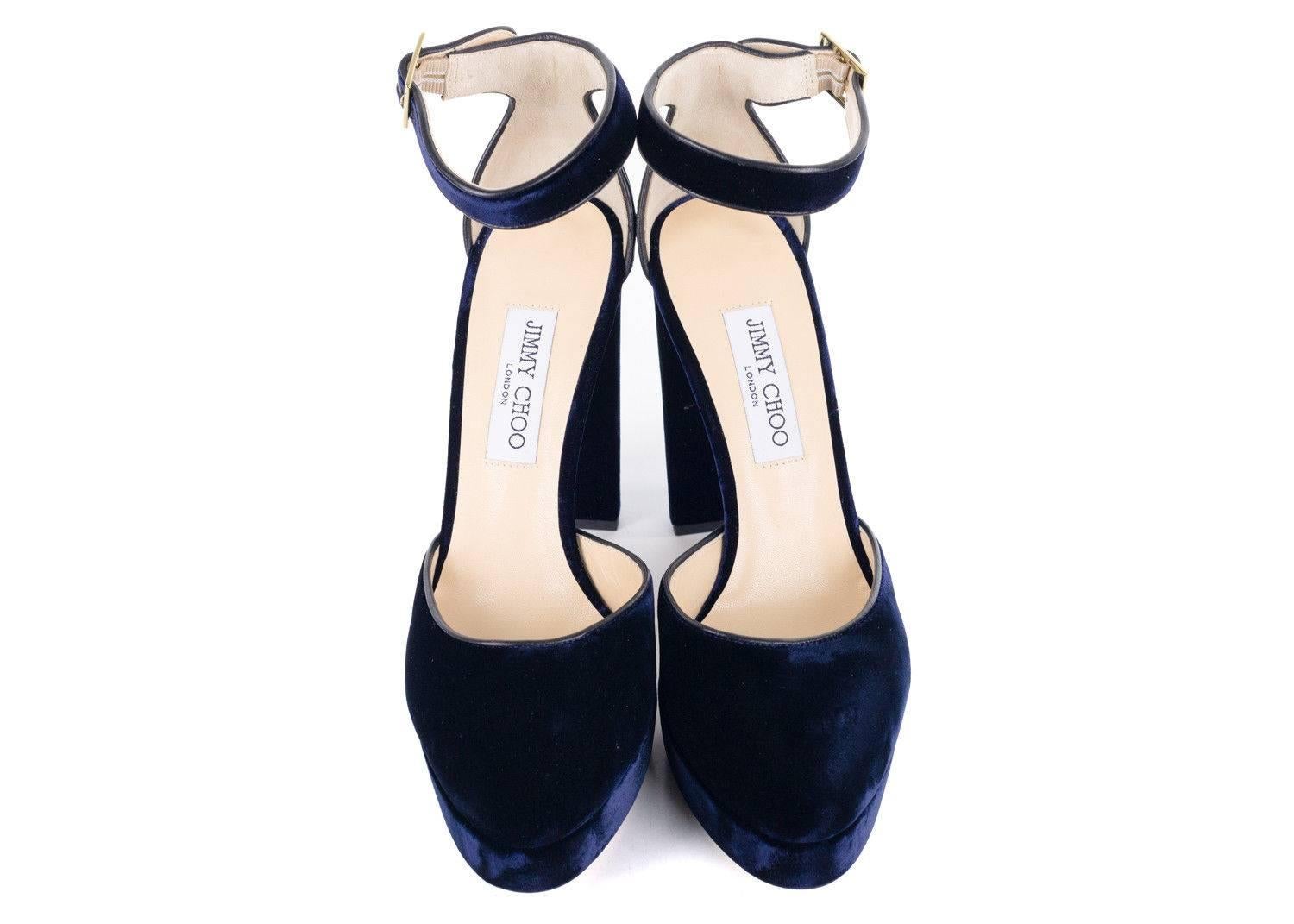 Jimmy Choo Navy Velvet Daphne 120 Platform Sandals In New Condition For Sale In Brooklyn, NY