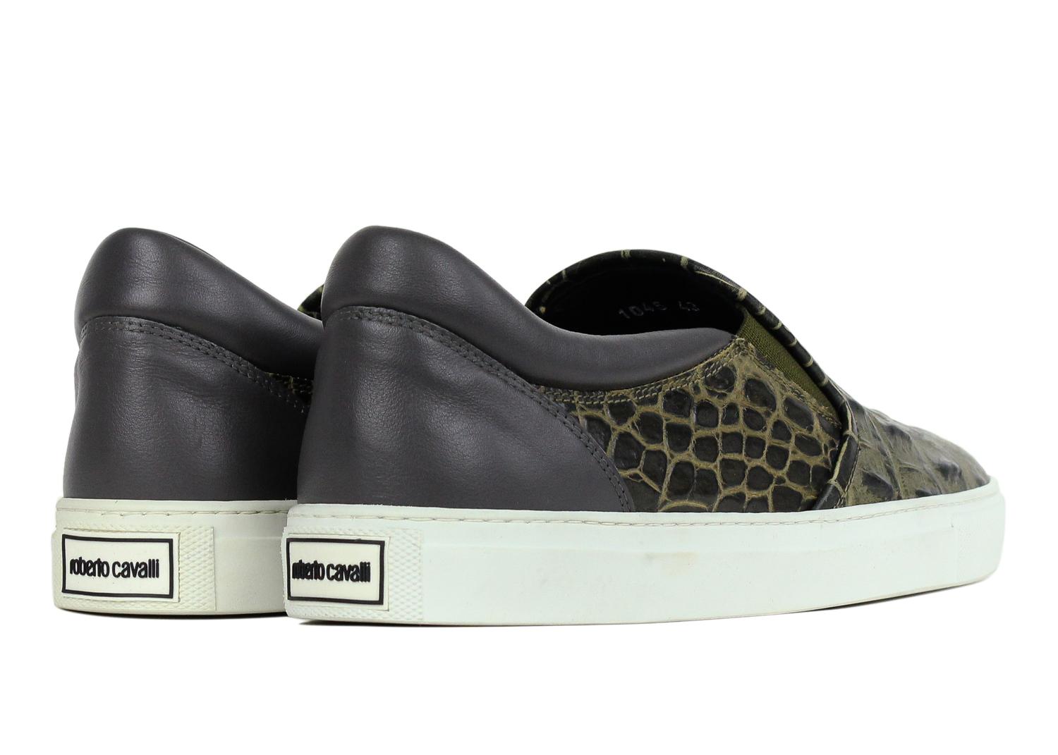 Black Roberto Cavalli Olive Green Croc Embossed Leather Slip Ons For Sale