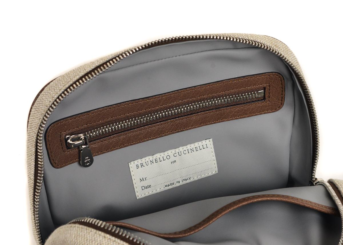 Brunello Cucinelli Men's Brown Leather Canvas Wash Bag For Sale 1