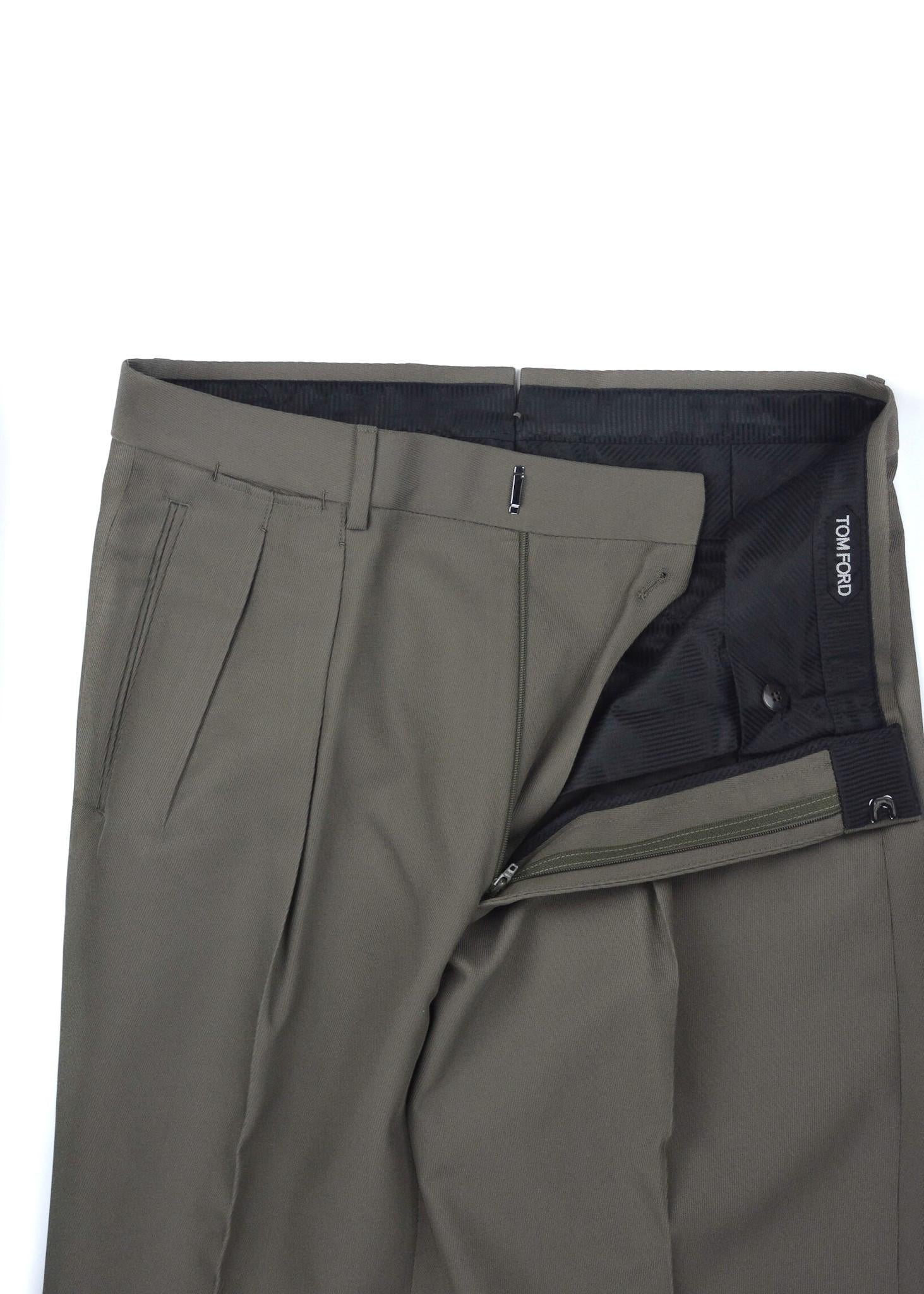 Gray Tom Ford Men's Green Pleated Front Twill Trousers For Sale