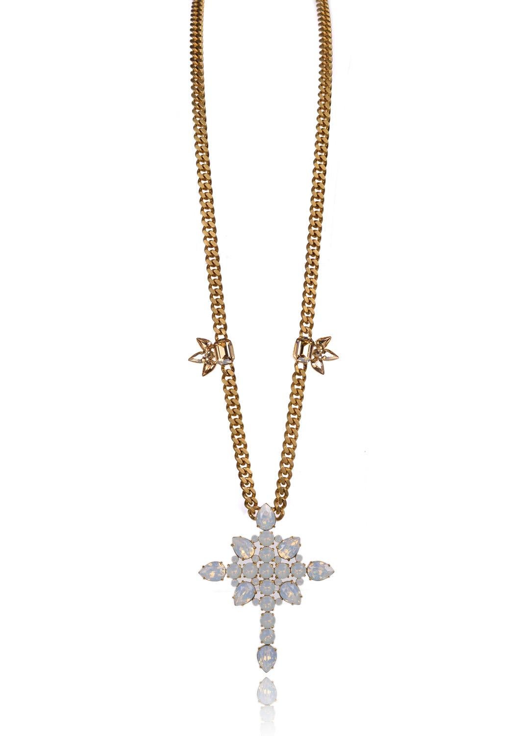 Treat yourself to Roberto Cavalli's divine creation with this Cuban Curb Cross Necklace. Roberto Cavalli's highly skilled artistry features durable gold Cuban curb links, white opal glacial reminiscent Swarovski Crystals, and Swarovski secured cross