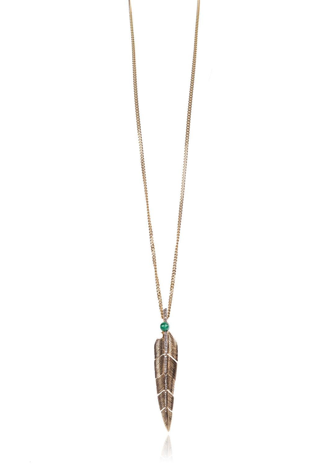 Start your spring off right with your Roberto Cavalli Feather Necklace. This rare piece features a flexible metal engraved feather, swarovski lined rachis, and luxe micro Cuban linked chains. You can slip this necklace on with almost any ensemble