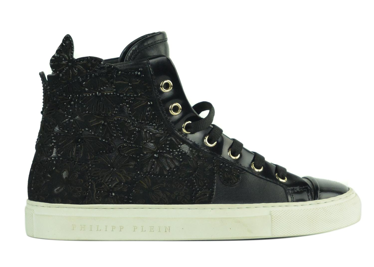 Philipp Plein Women Black Leather Dreamers Dont Die Sneakers In New Condition For Sale In Brooklyn, NY