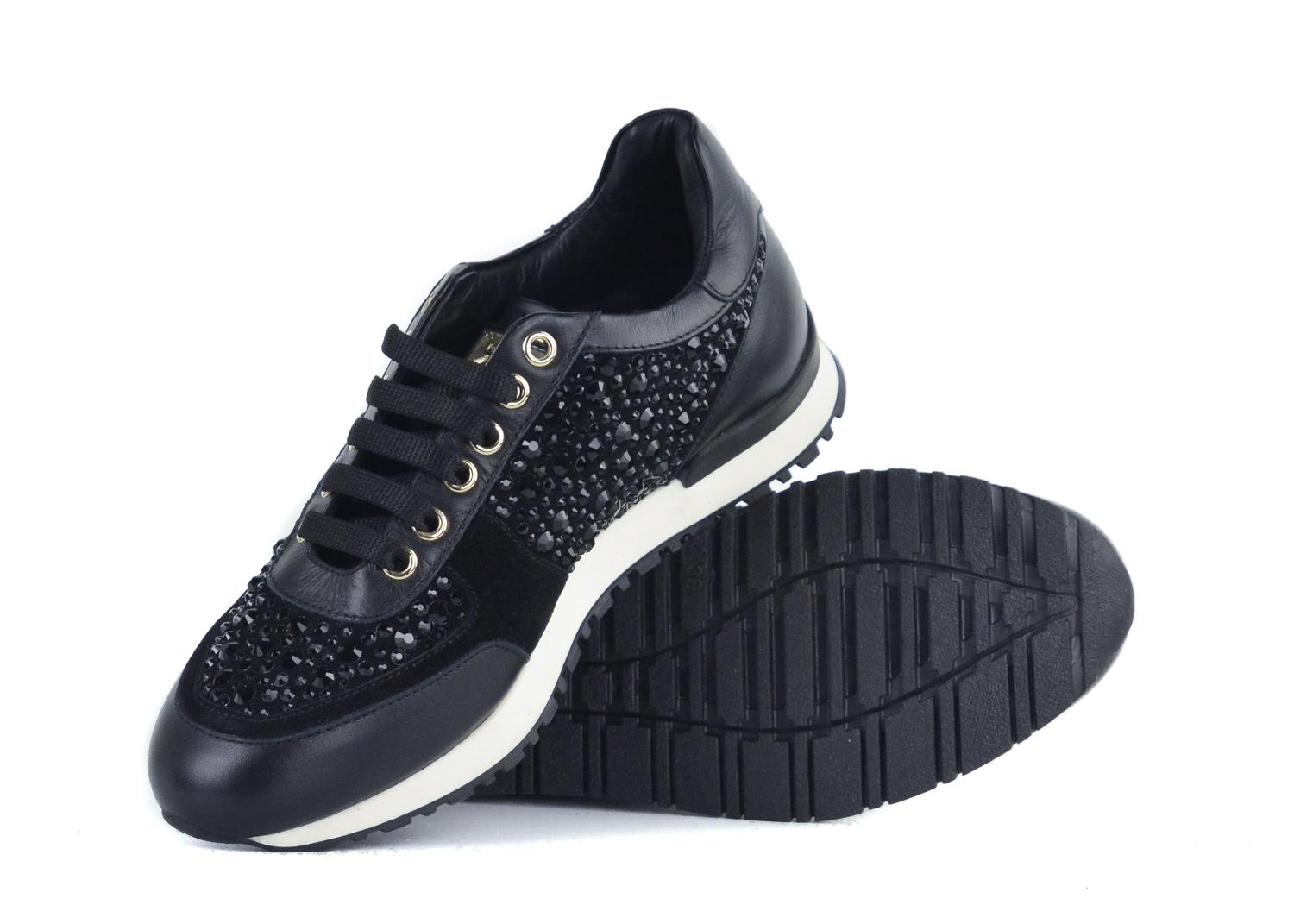 Philip Plein black go home sneakers. These sneakers feature black crystal embellishments throughout on a black leather and suede textile. Perfect shoe for a burst of femininity and chicness on the streets.

Compositiion Leather
Round toe
Lace up