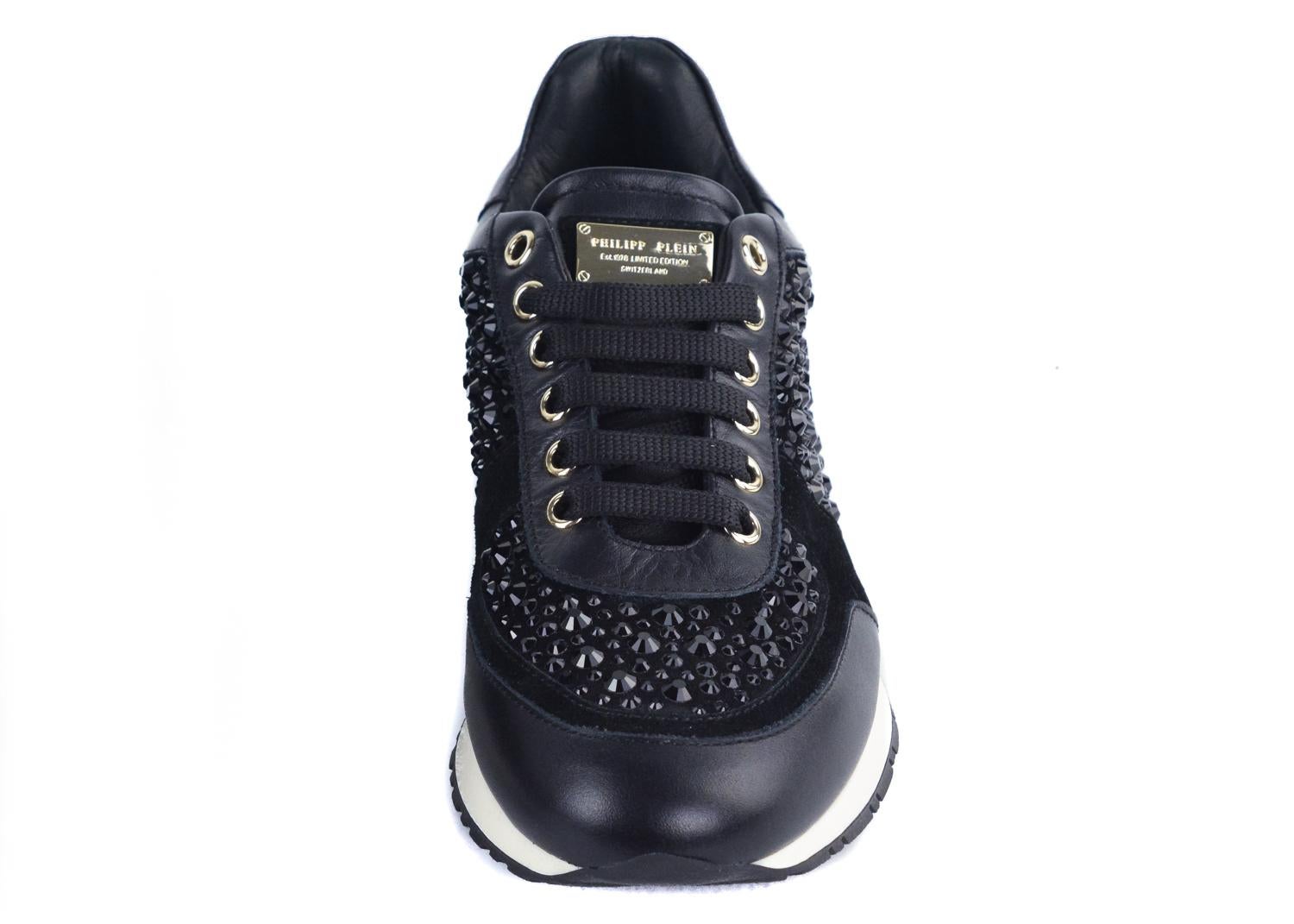Women's Philipp Plein Women Black Leather Embellished Go Home Sneakers For Sale