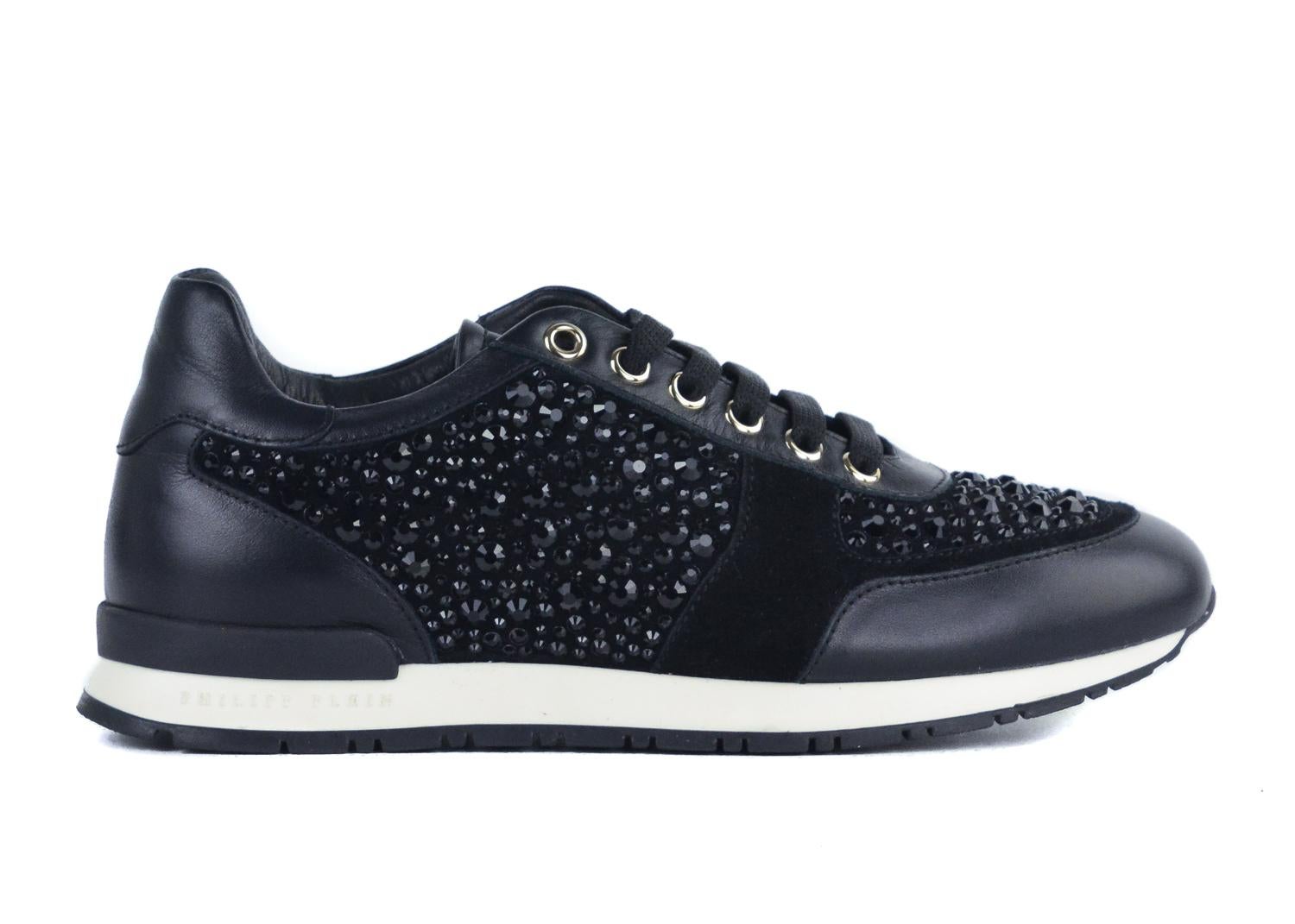 Philipp Plein Women Black Leather Embellished Go Home Sneakers For Sale 1