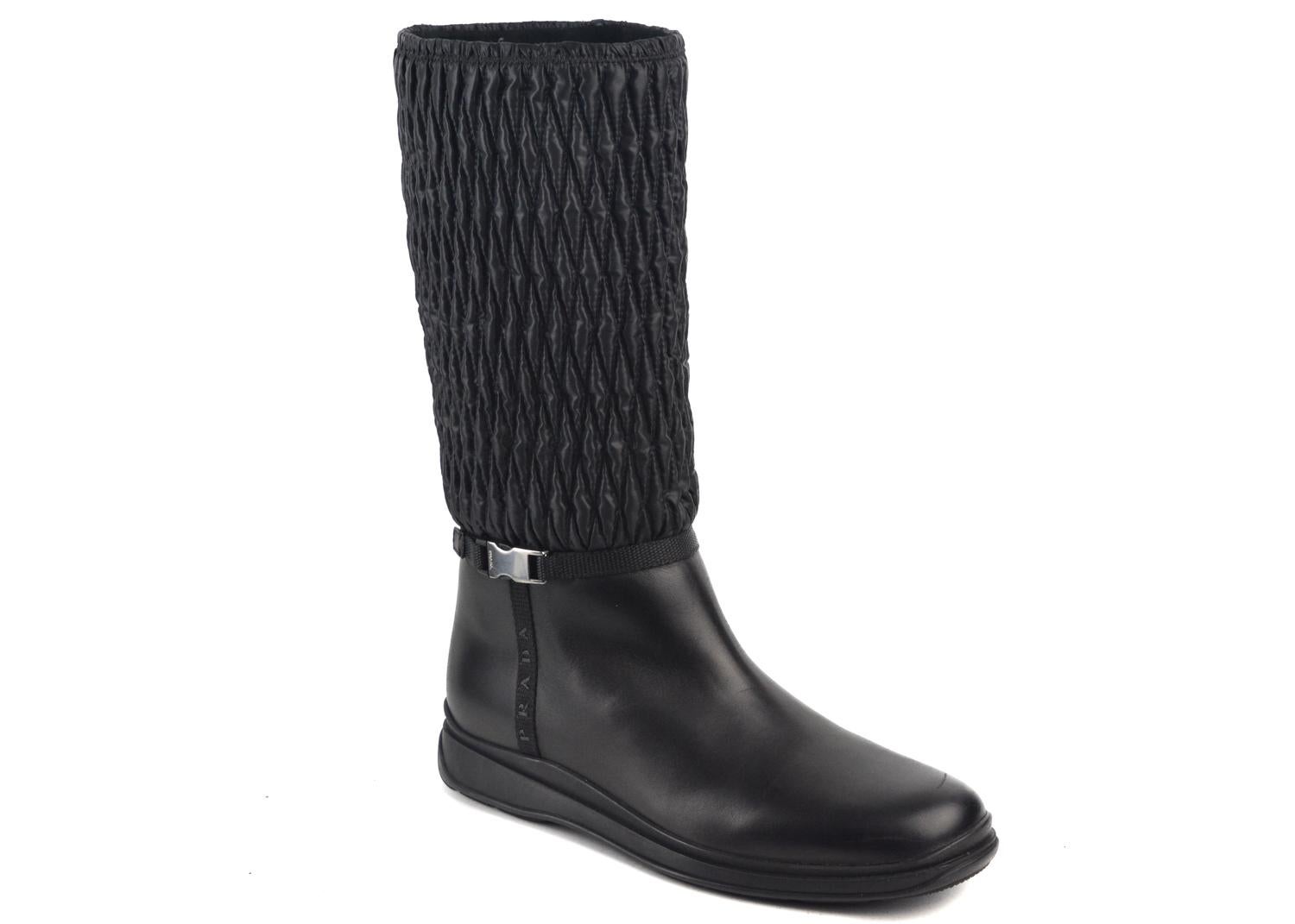 The comfort which this winter boots can provide along with the style is matchless.The Prada Sport leather and nylon snow boots in black is truly marvelous. The cuff is quilted and is as high as the knee, but slightly below the knee. The cuff lining