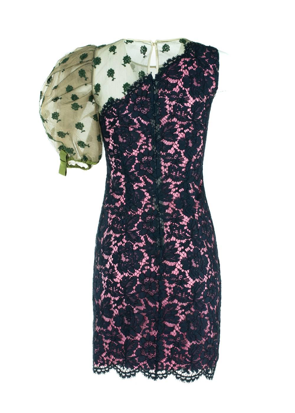 Black Valentino Lace Mesh Embroidered Paneled Dress