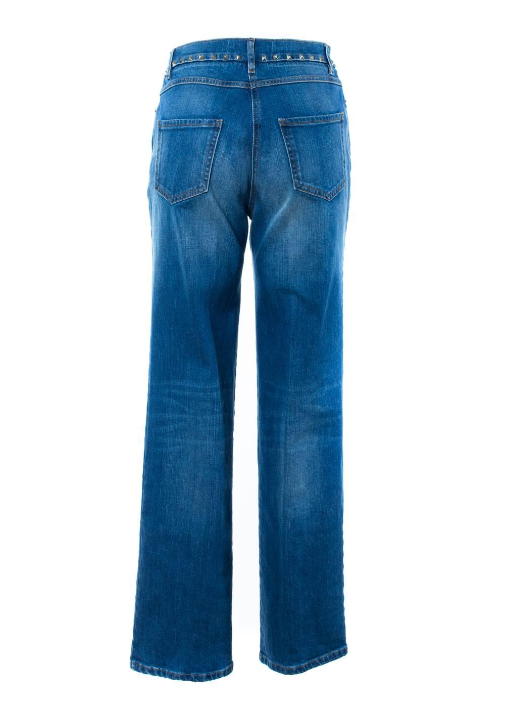 Blue Valentino Rockstud Mid Rise Cropped Straight Leg Jeans For Sale