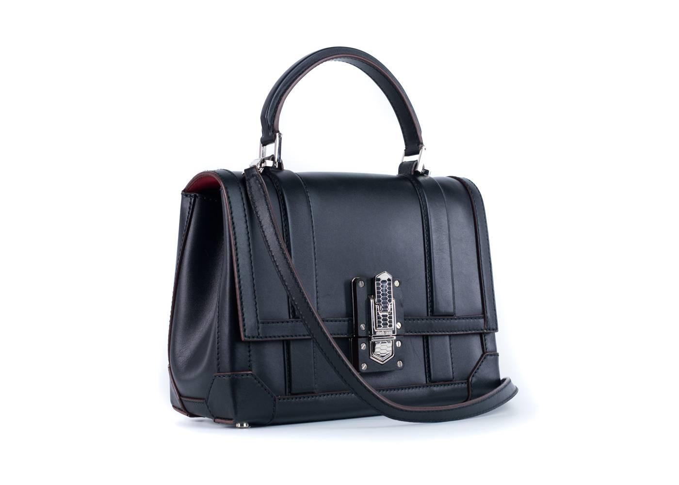 Women's Roberto Cavalli Womens Solid Black Leather Satchel Shoulder Bag For Sale