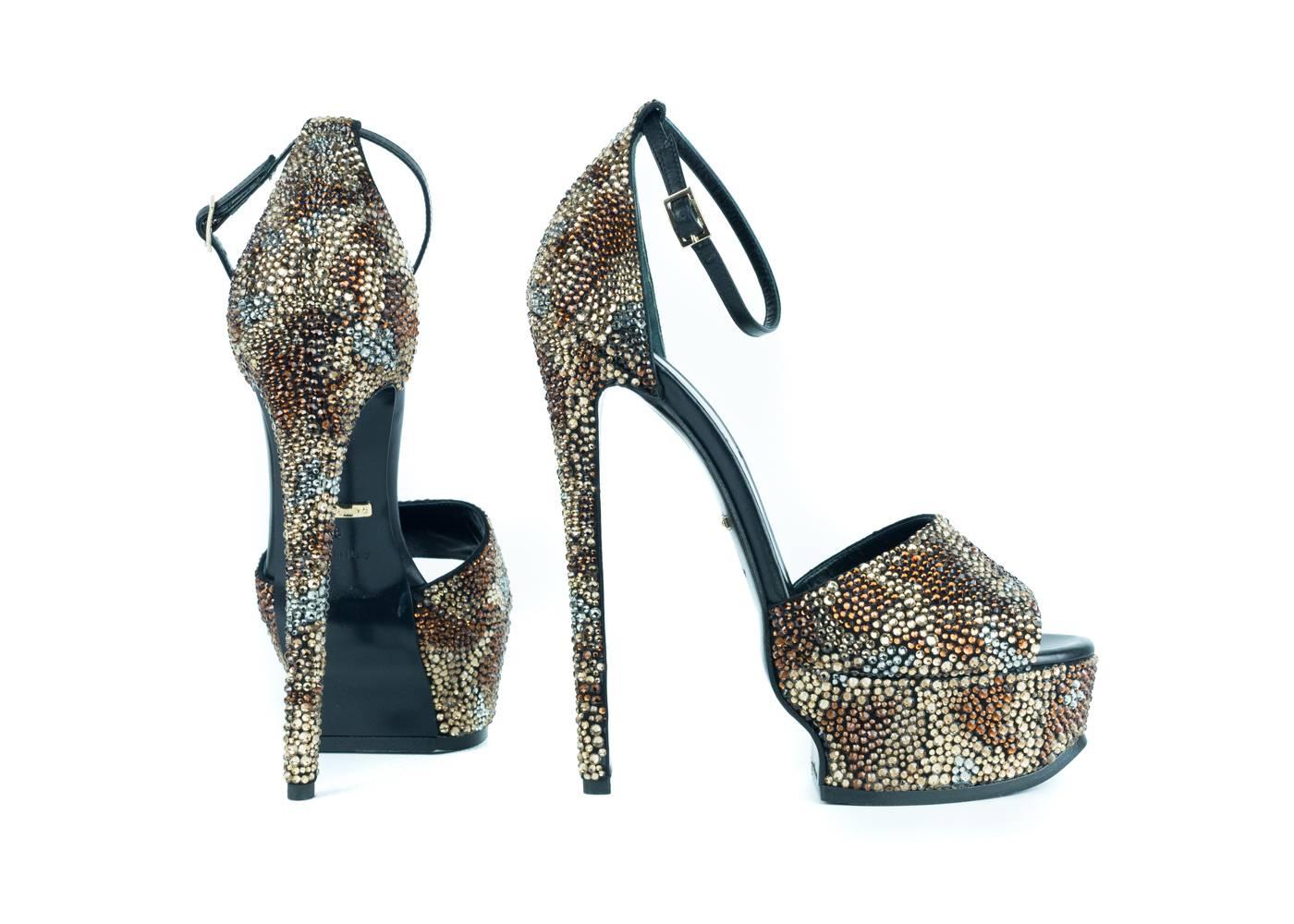 Black Roberto Cavalli Swarovski Crystal Cheetah Platform Sandals For Sale