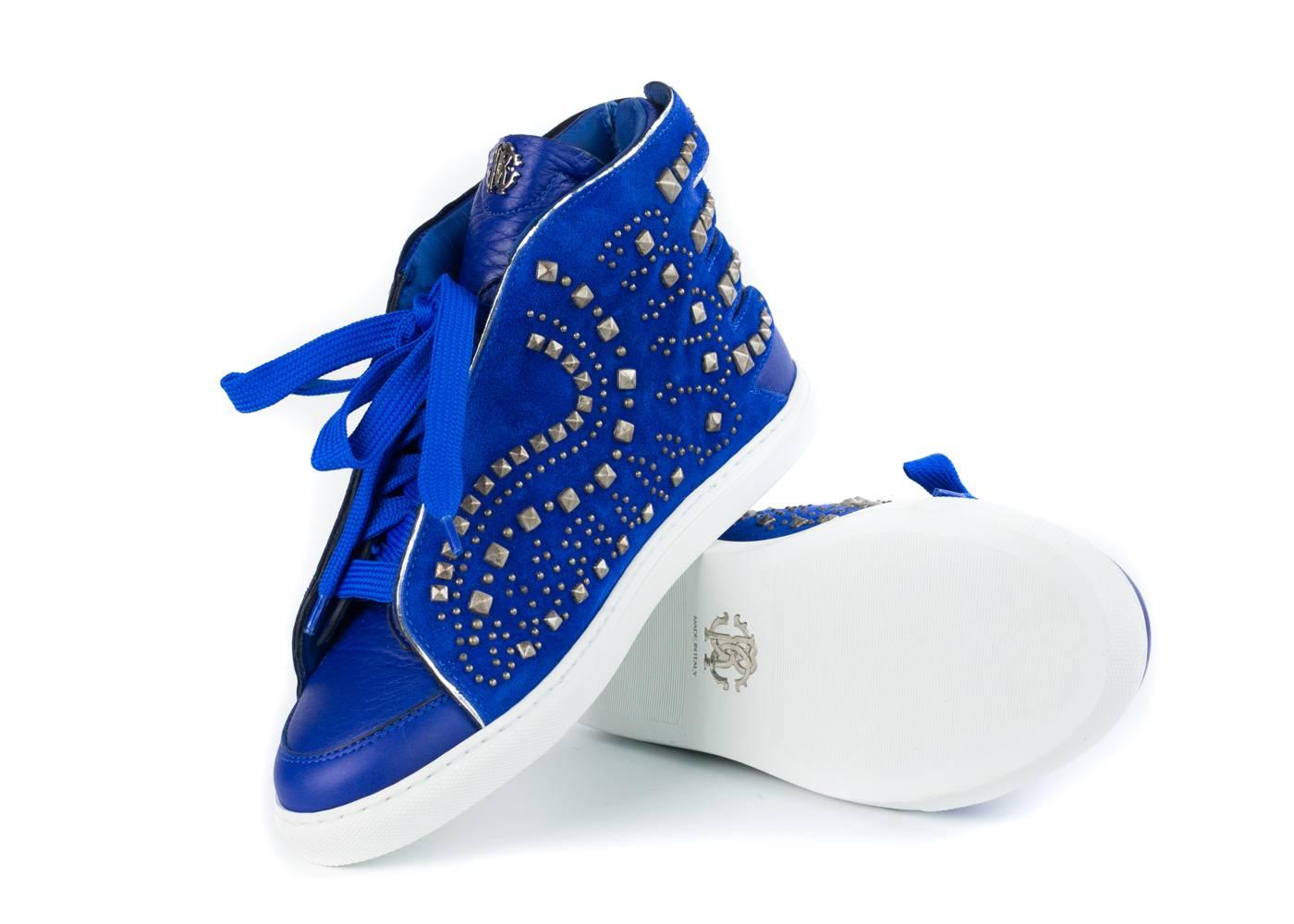 Women's Roberto Cavalli Electric Blue Leather Studed Sneakers Shoes For Sale