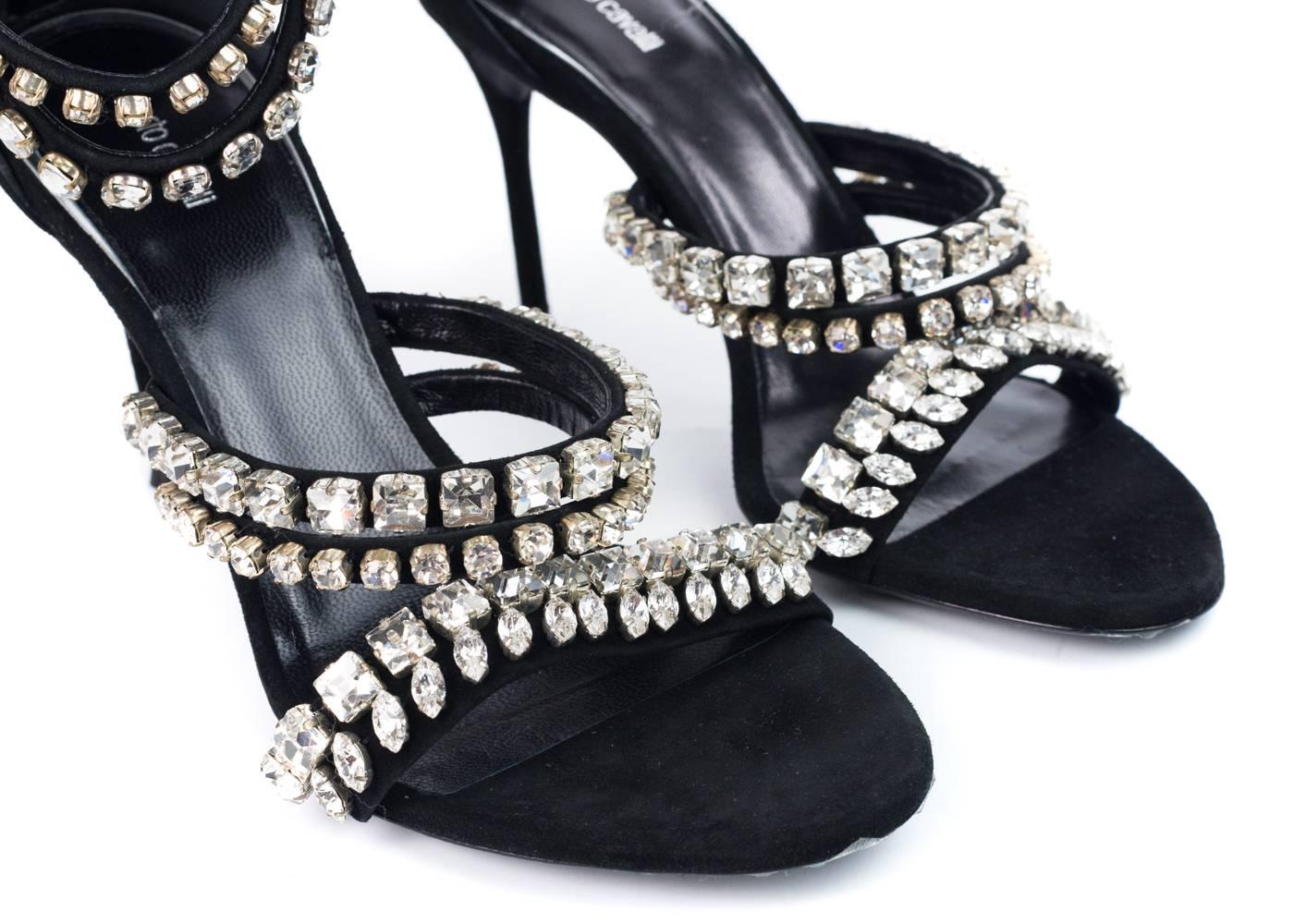 Roberto Cavalli Womens Black Suede Crystal Embellished Sandal For Sale 1