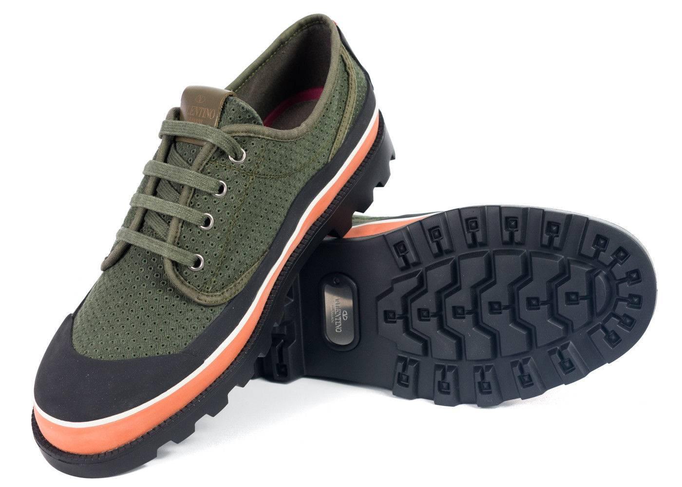 Men's Valentino Mens Green Perforated Canvas ID Low Top Sneakers For Sale