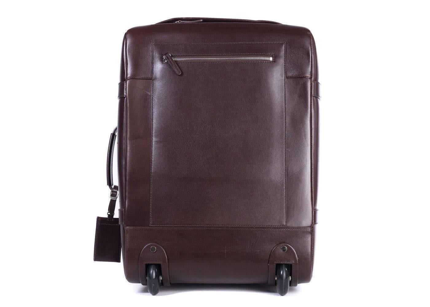 Black Brunello Cucinelli Men's Brown Leather Trolley Suitcase Bag For Sale