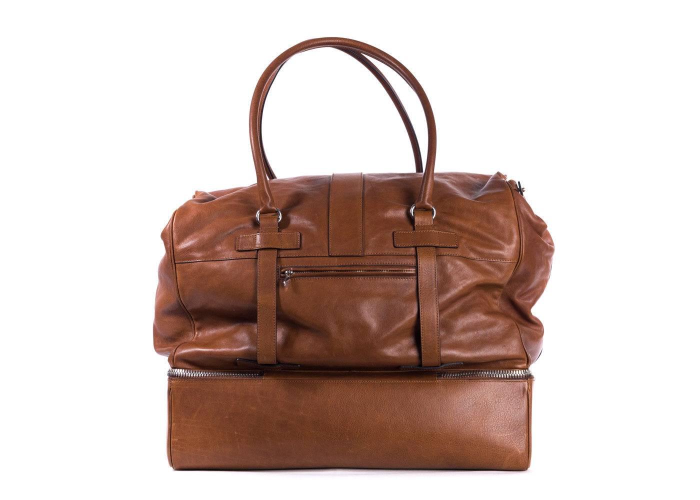 Brunello Cucinelli Men's Cognac Brown Leather Weekender Bag In New Condition In Brooklyn, NY