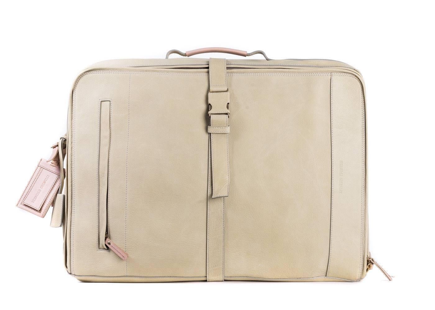 Women's or Men's Brunello Cucinelli Men's Beige Leather Trolley Suitcase Bag