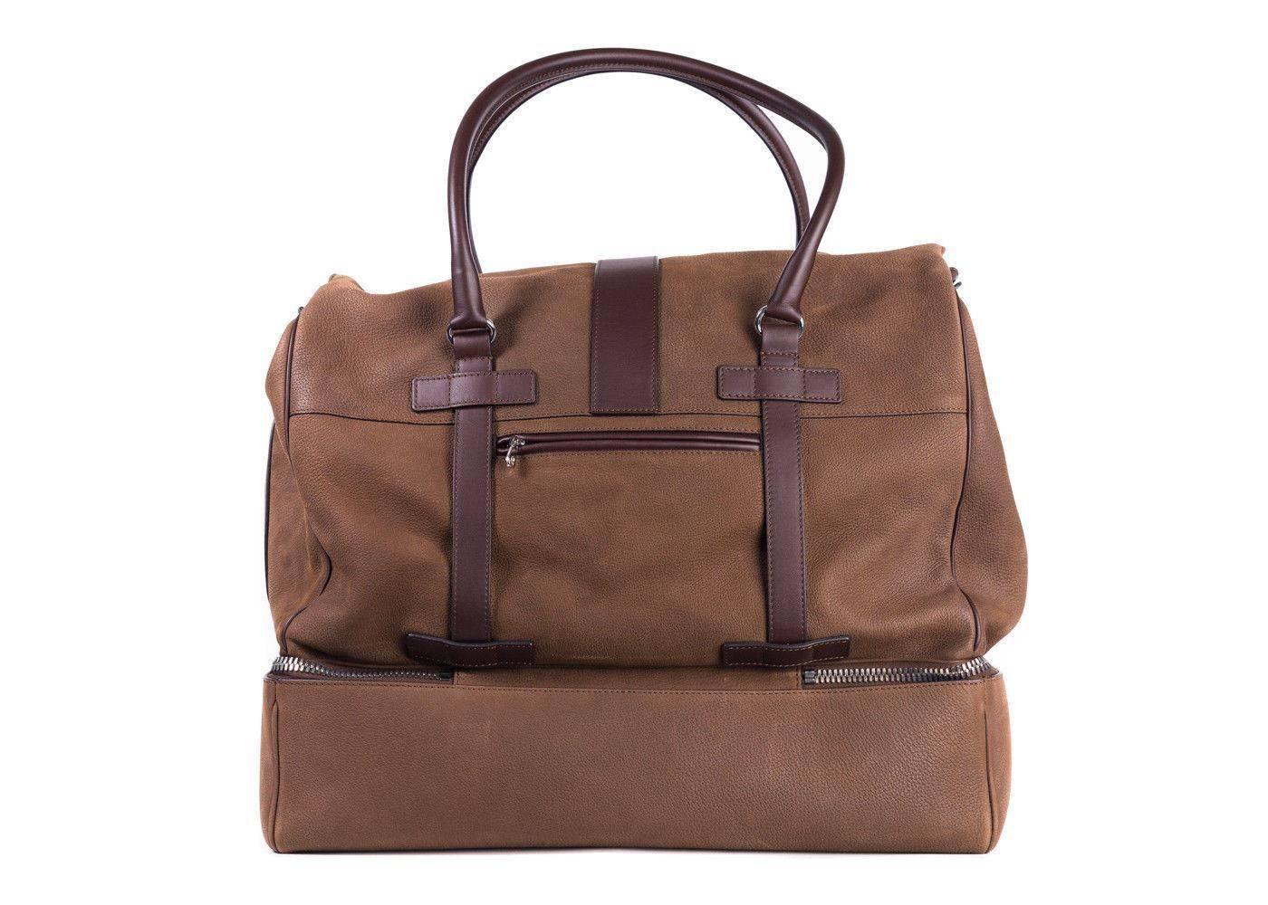 Brunello Cucinelli Men's Solid Brown Leather Weekender Bag In New Condition For Sale In Brooklyn, NY